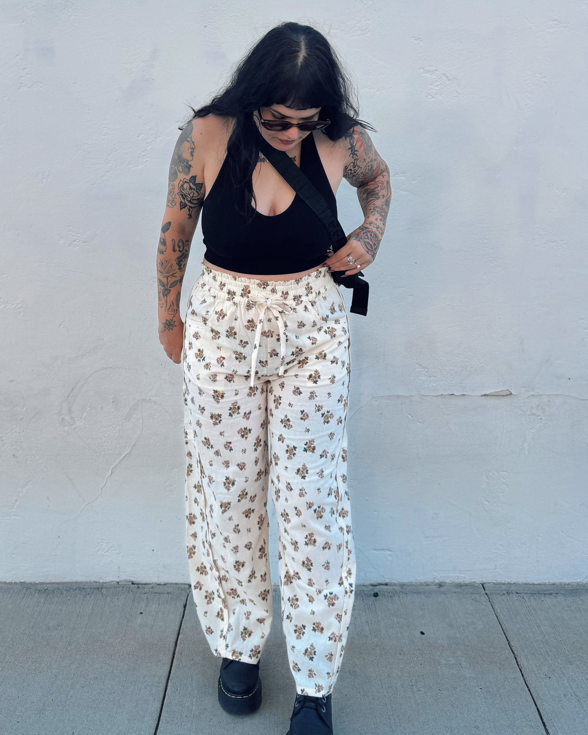 Floral Barrel Leg Pants - Burnout