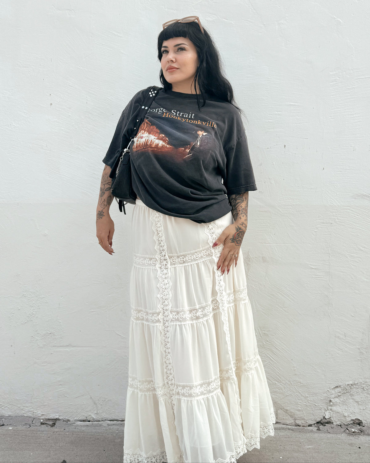 Lace Trim Maxi Skirt - Cream - Burnout