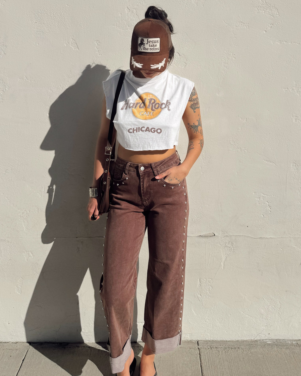 Studded Straight Leg Jeans - Mocha - Burnout