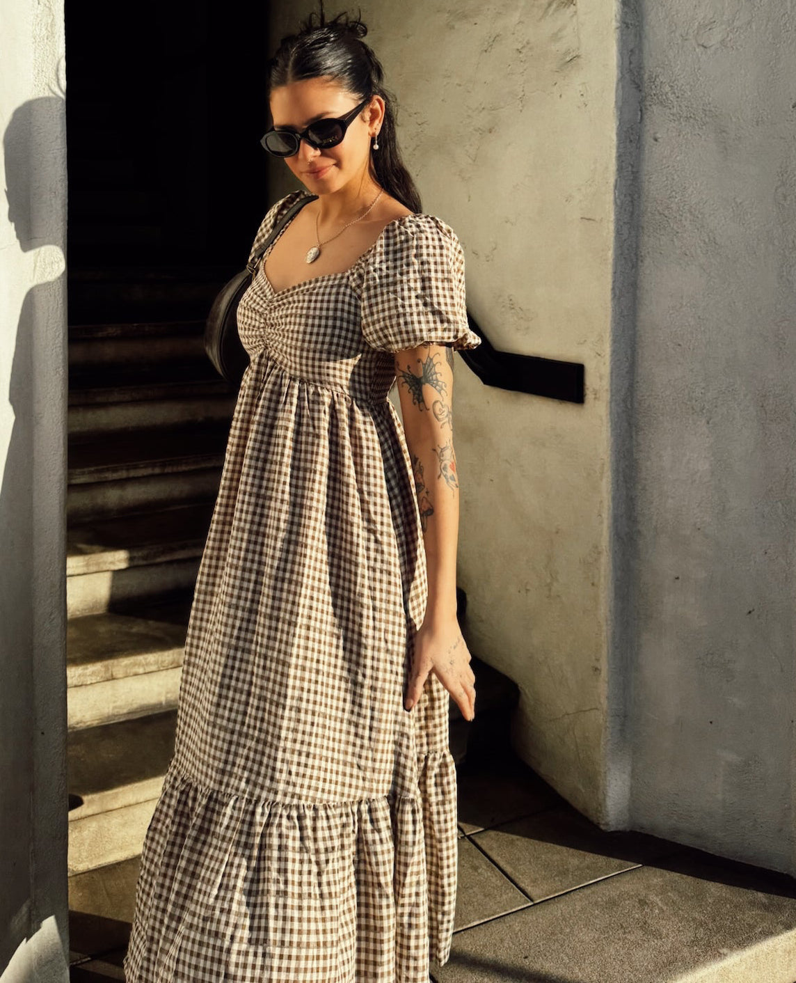Gingham Puff Sleeve Maxi Dress