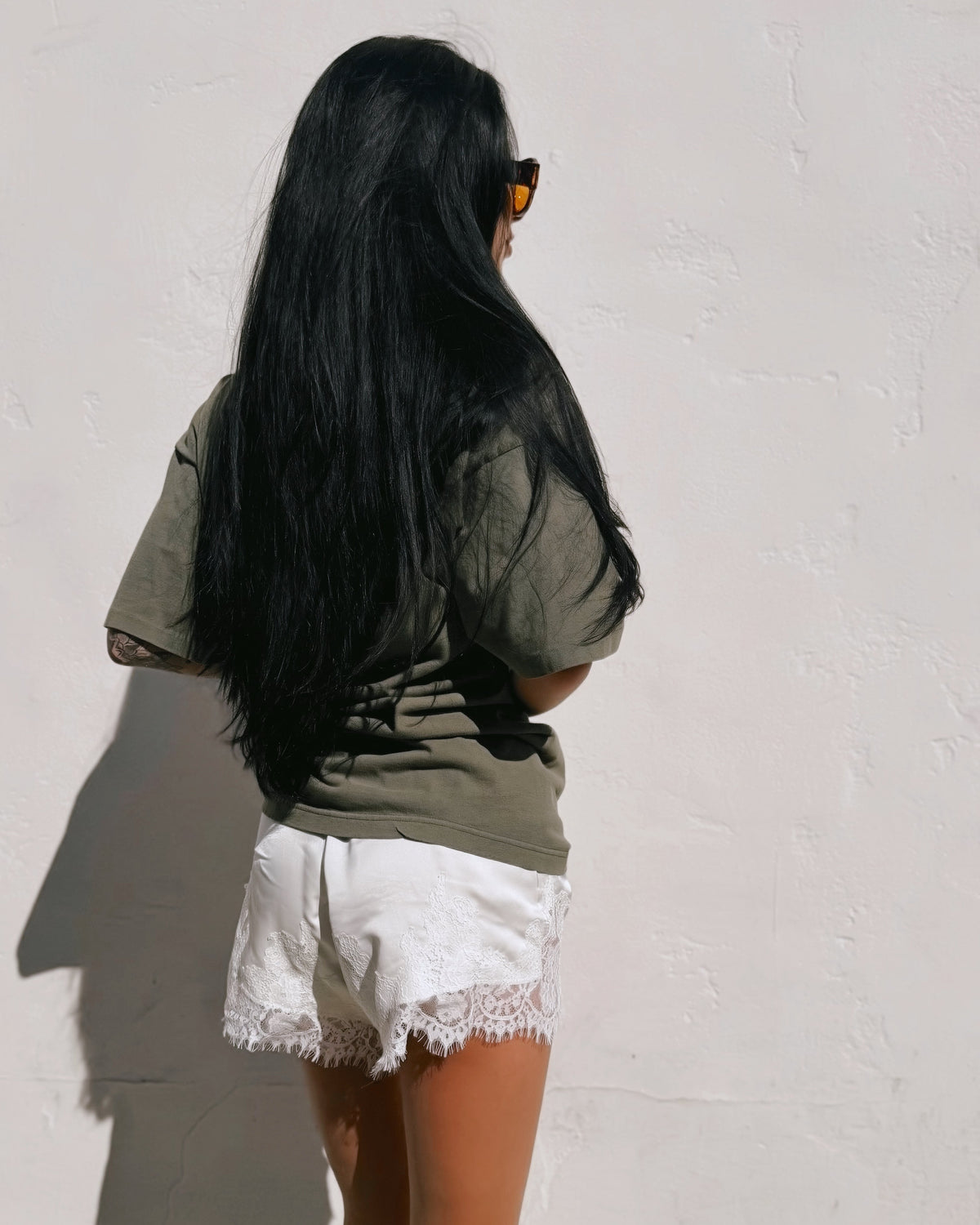 Lace Trim Satin Shorts - Cream - Burnout