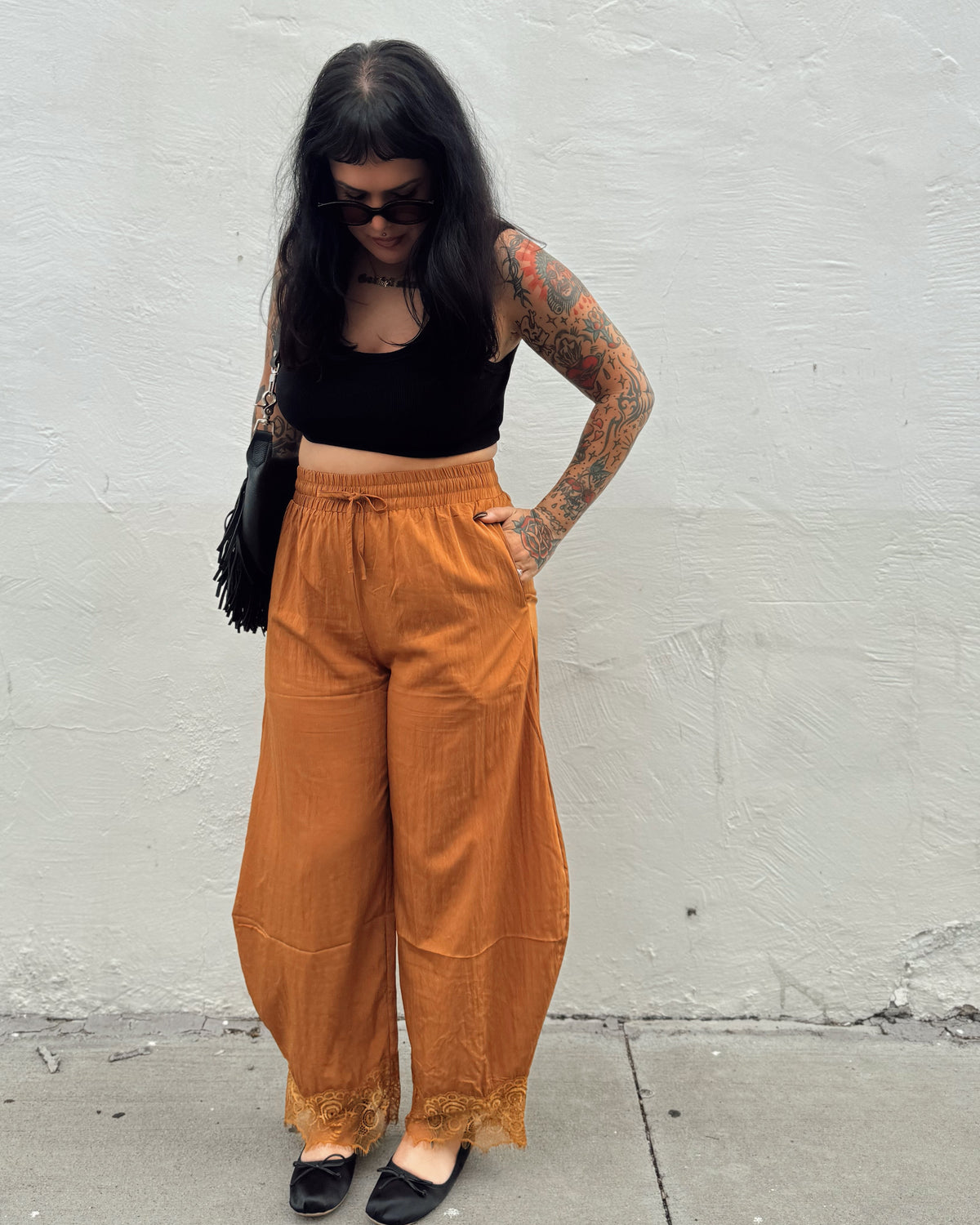 Lace Trim Barrel Pants - Marigold - Burnout