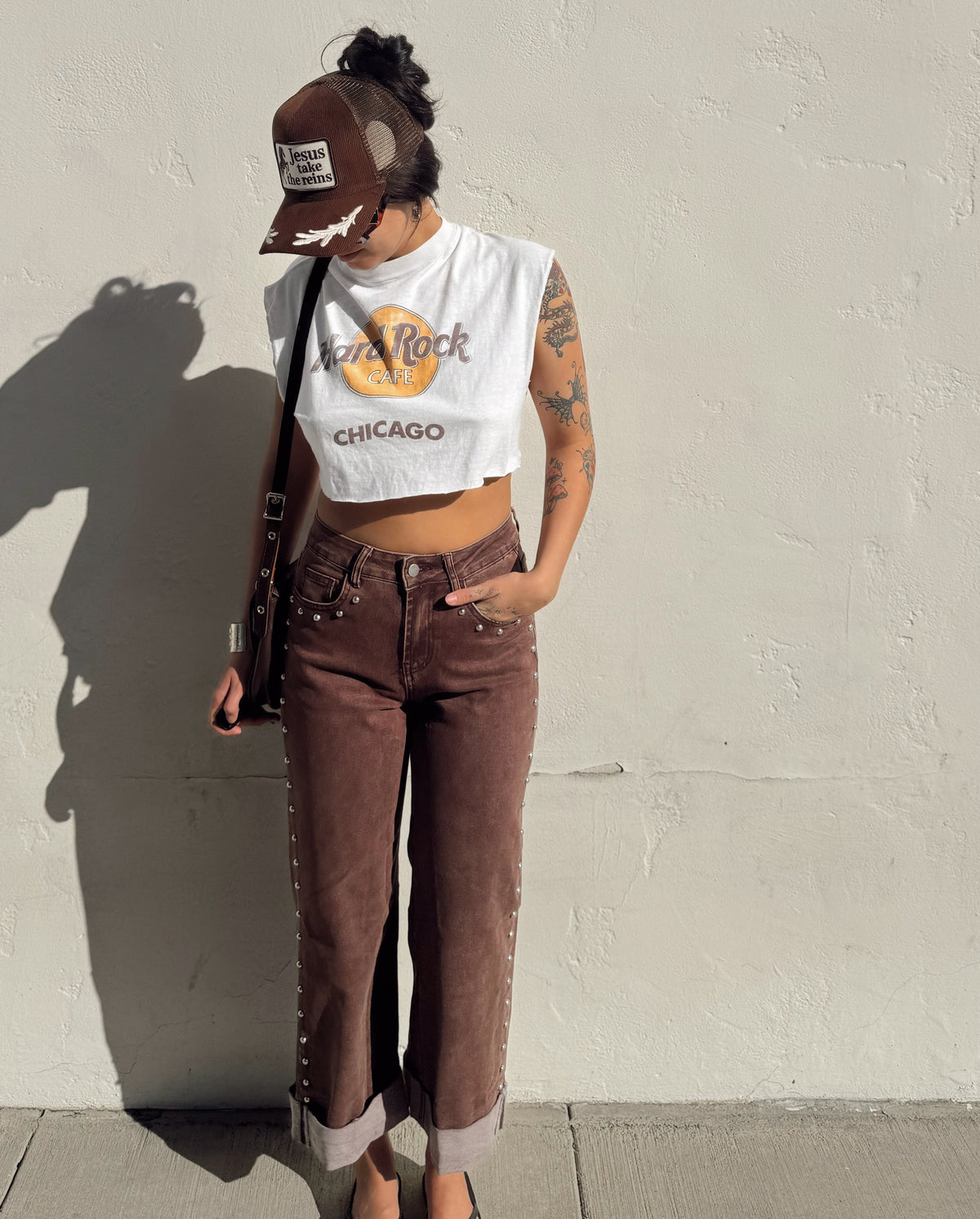 Studded Straight Leg Jeans - Mocha - Burnout