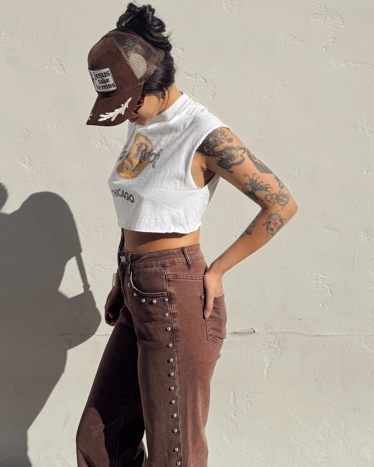 Studded Straight Leg Jeans - Mocha - Burnout