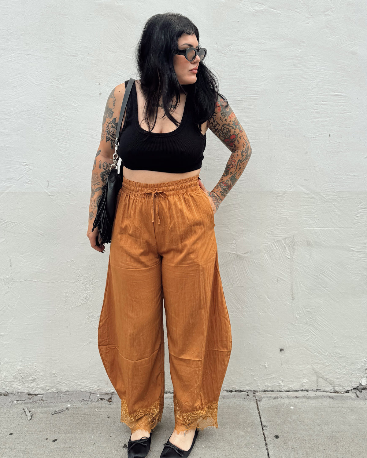 Lace Trim Barrel Pants - Marigold - Burnout