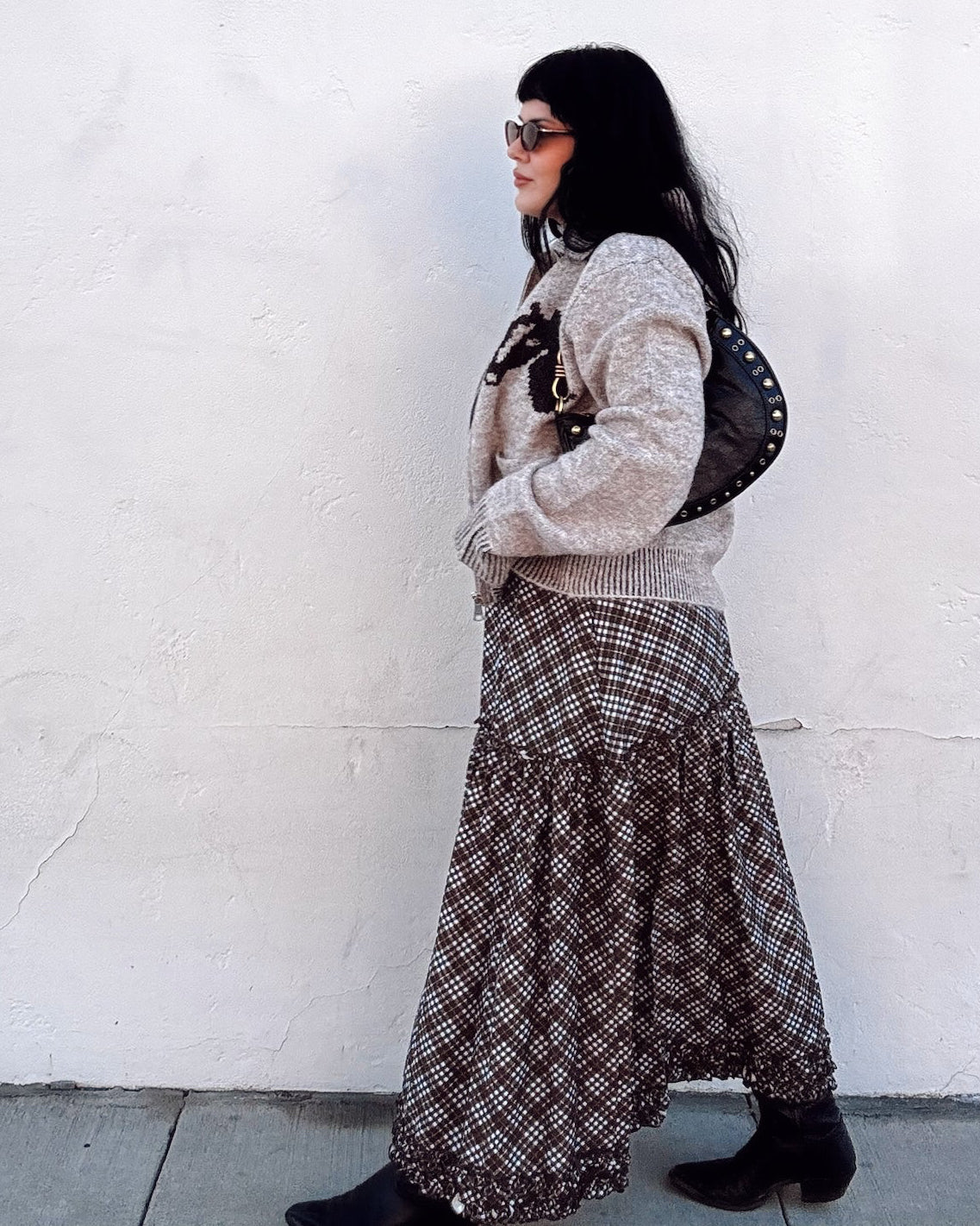 Ruffle Plaid Midi Skirt