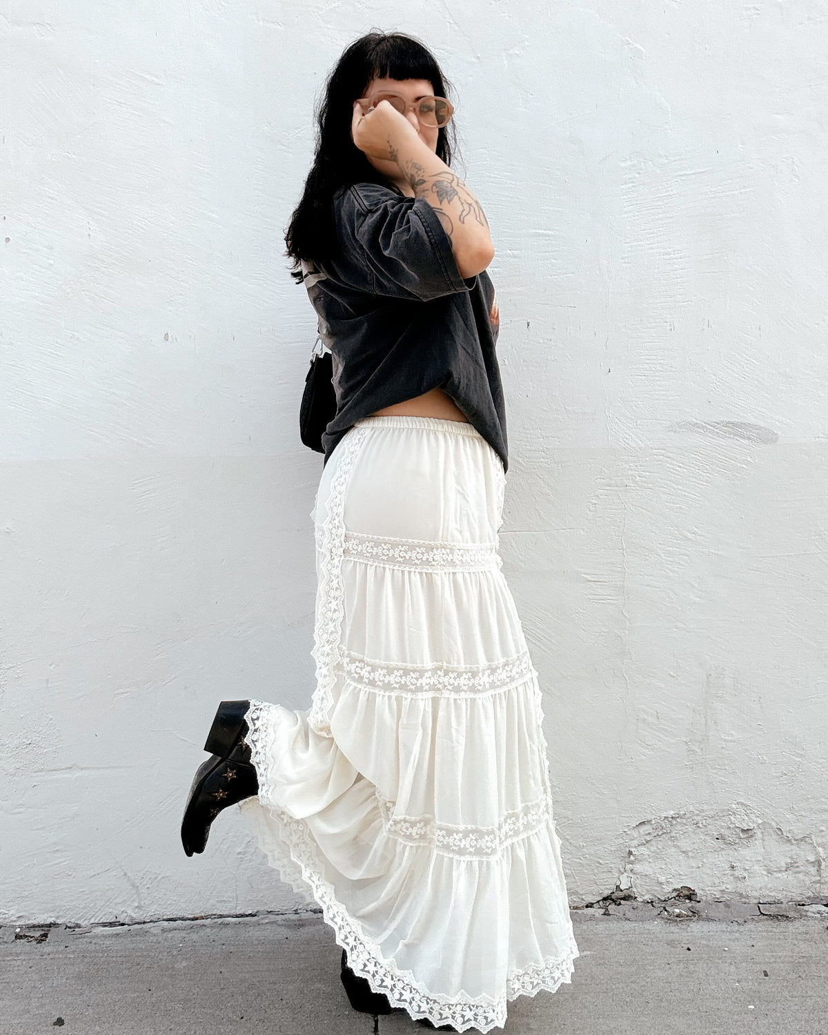 Lace Trim Maxi Skirt - Cream - Burnout