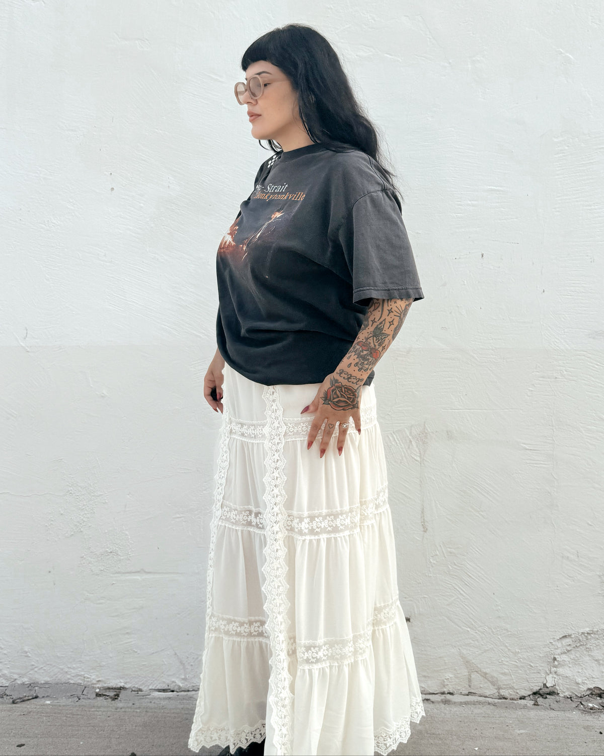 Lace Trim Maxi Skirt - Cream - Burnout