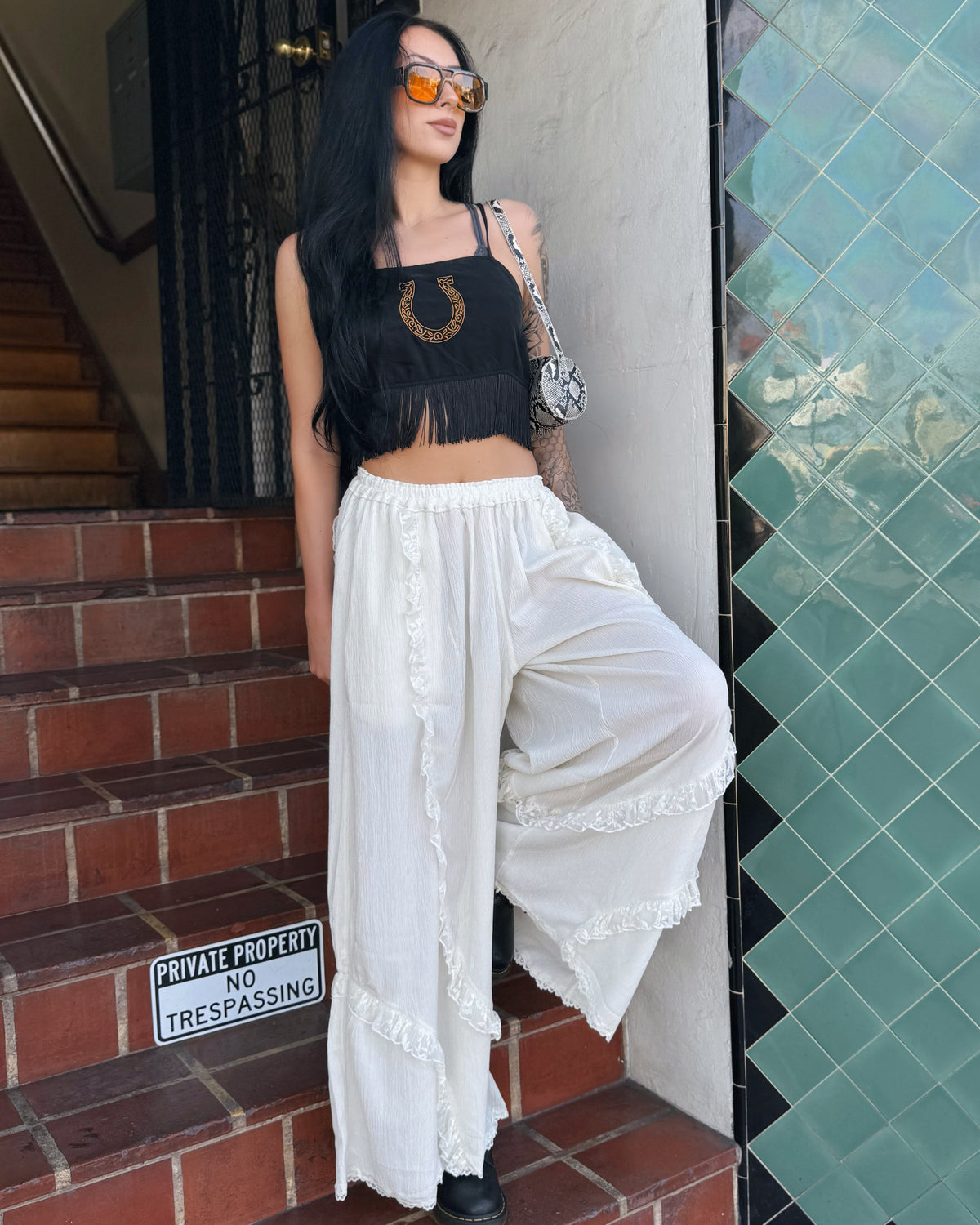 Ruffle Wide Leg Pants - Cream - Burnout
