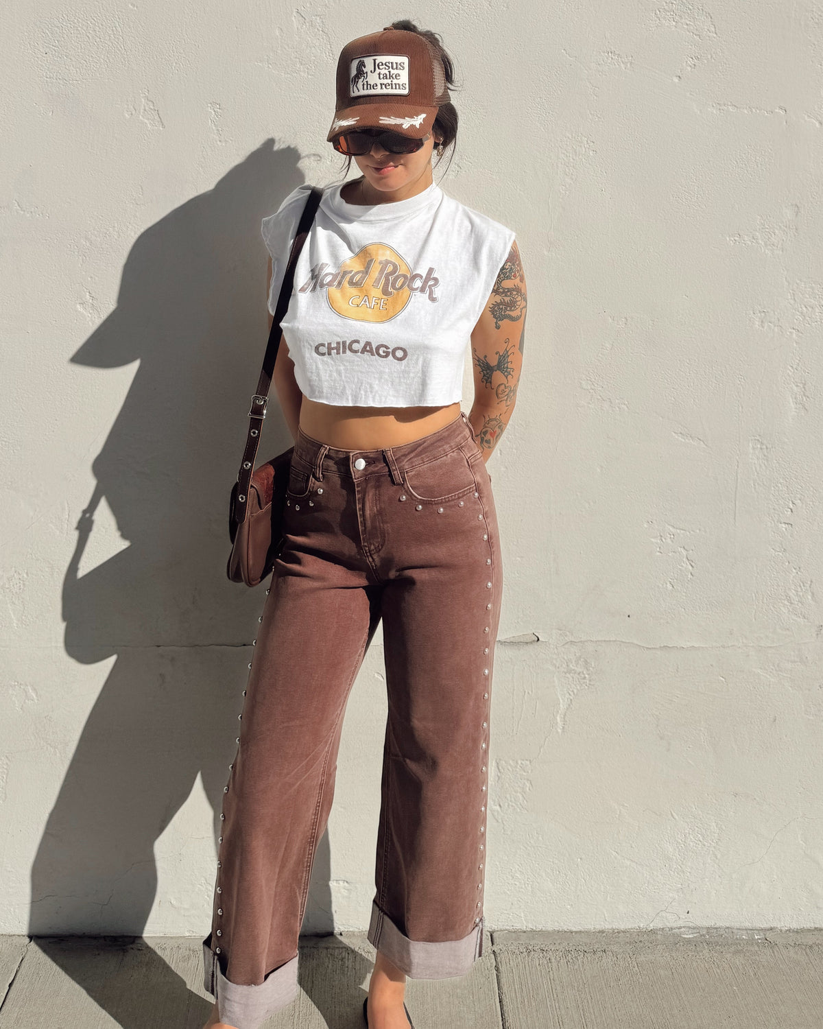 Studded Straight Leg Jeans - Mocha - Burnout