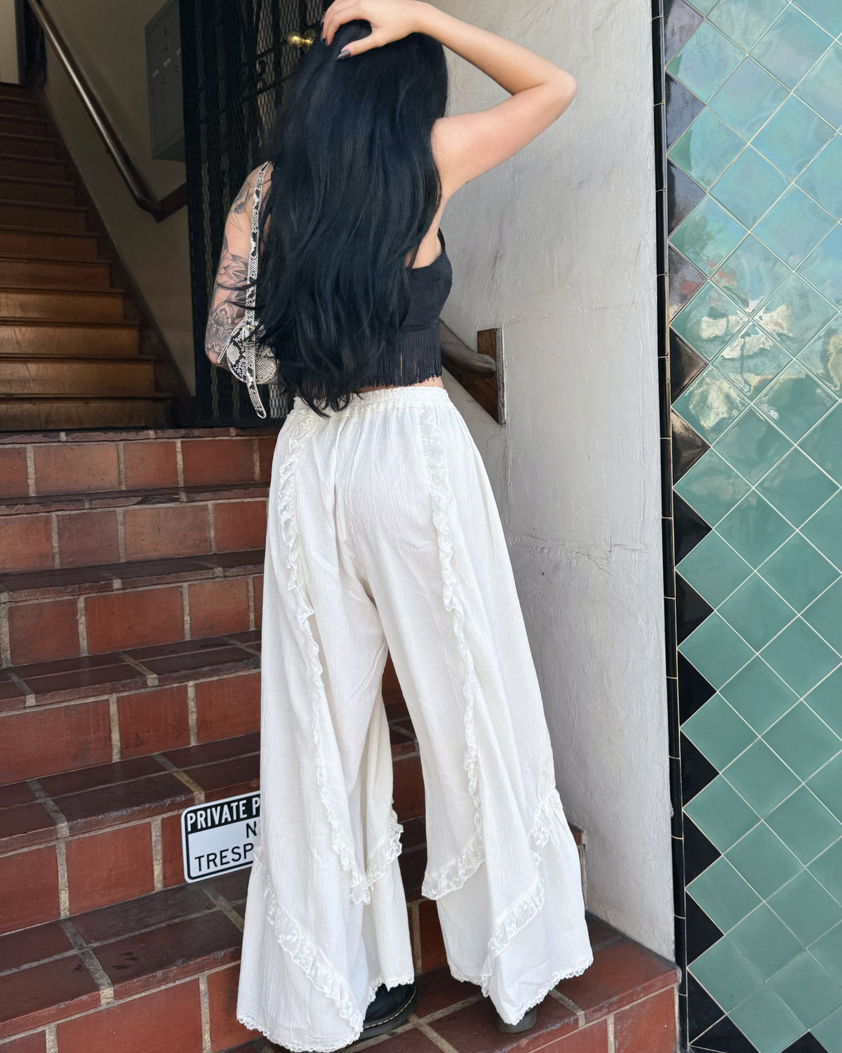 Ruffle Wide Leg Pants - Cream - Burnout