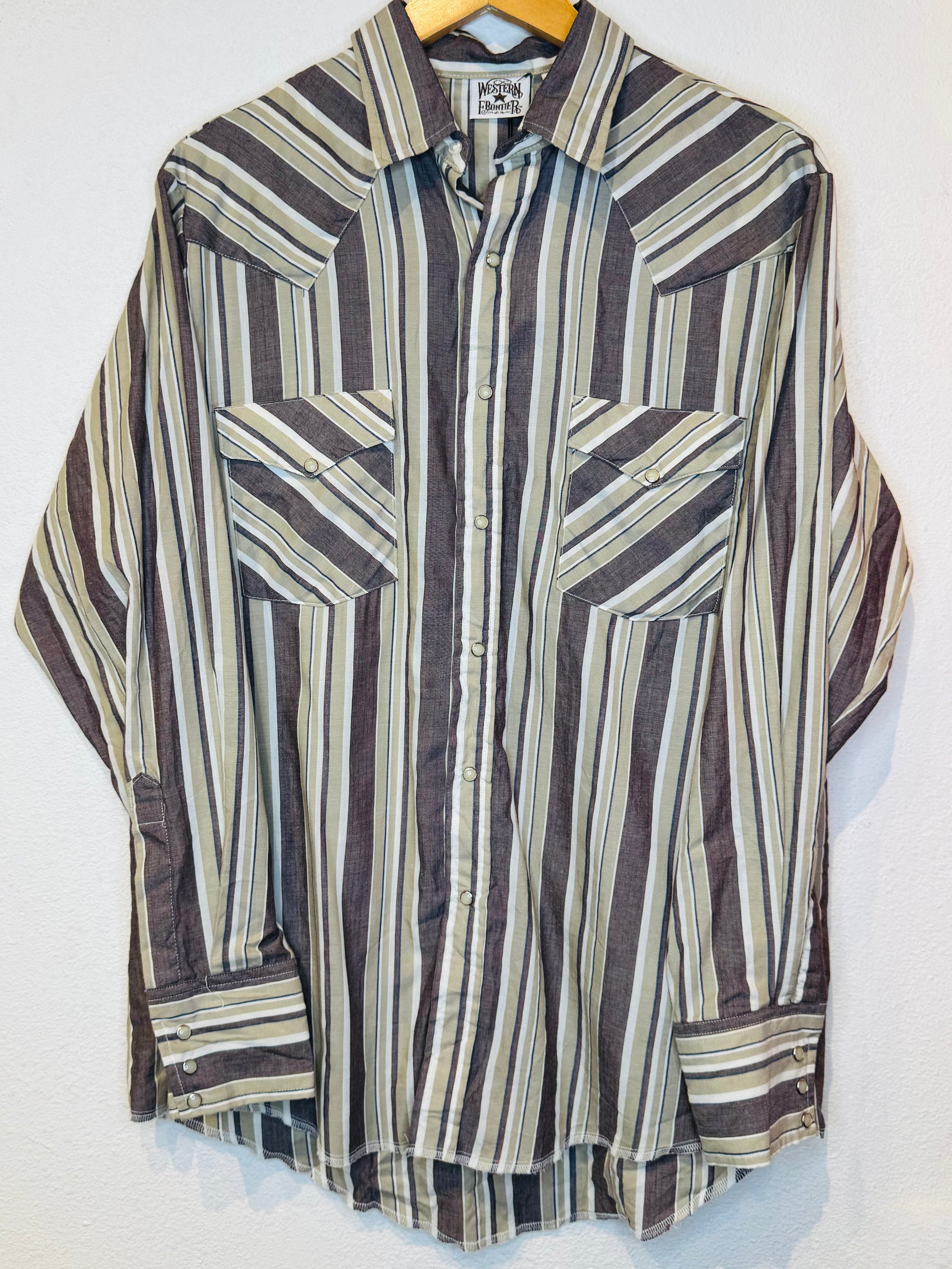 Western Brown Stripe Vintage Pearl Snap - Burnout