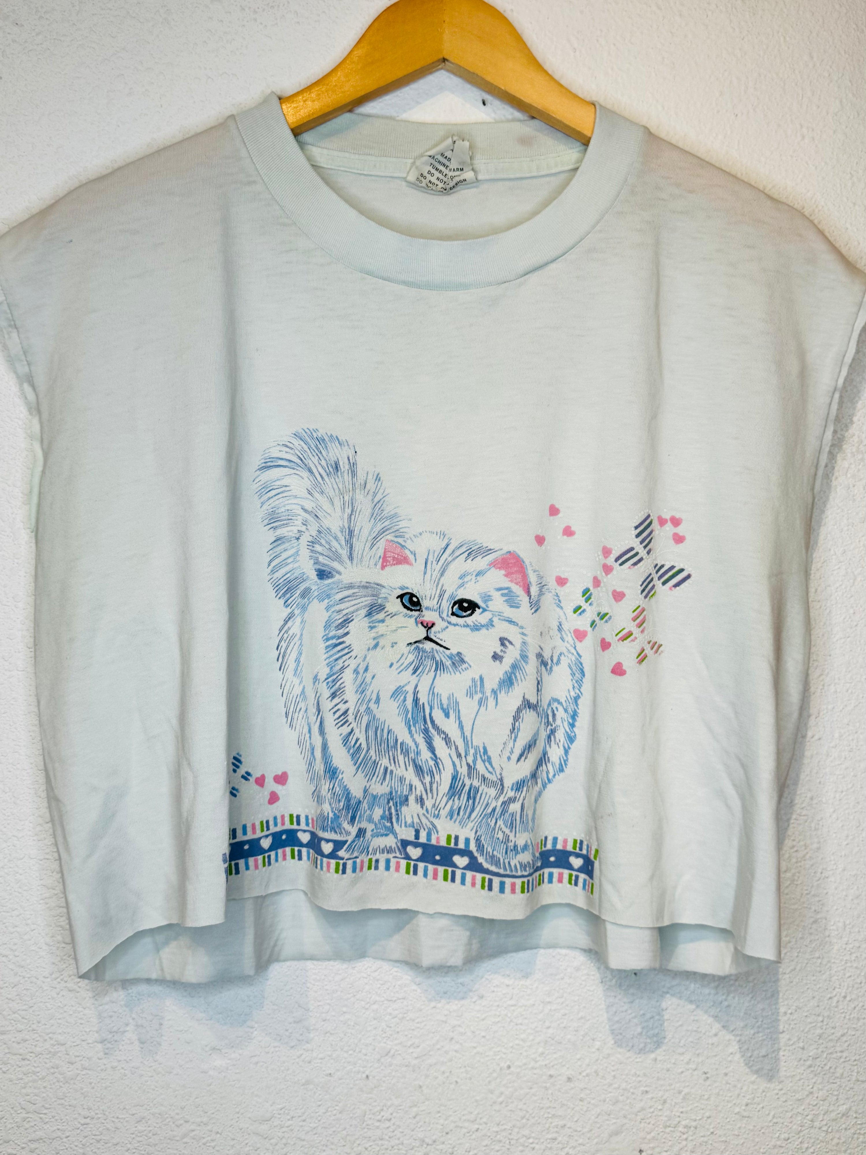 Fluffy White Kitty Vintage Crop Tank - Burnout