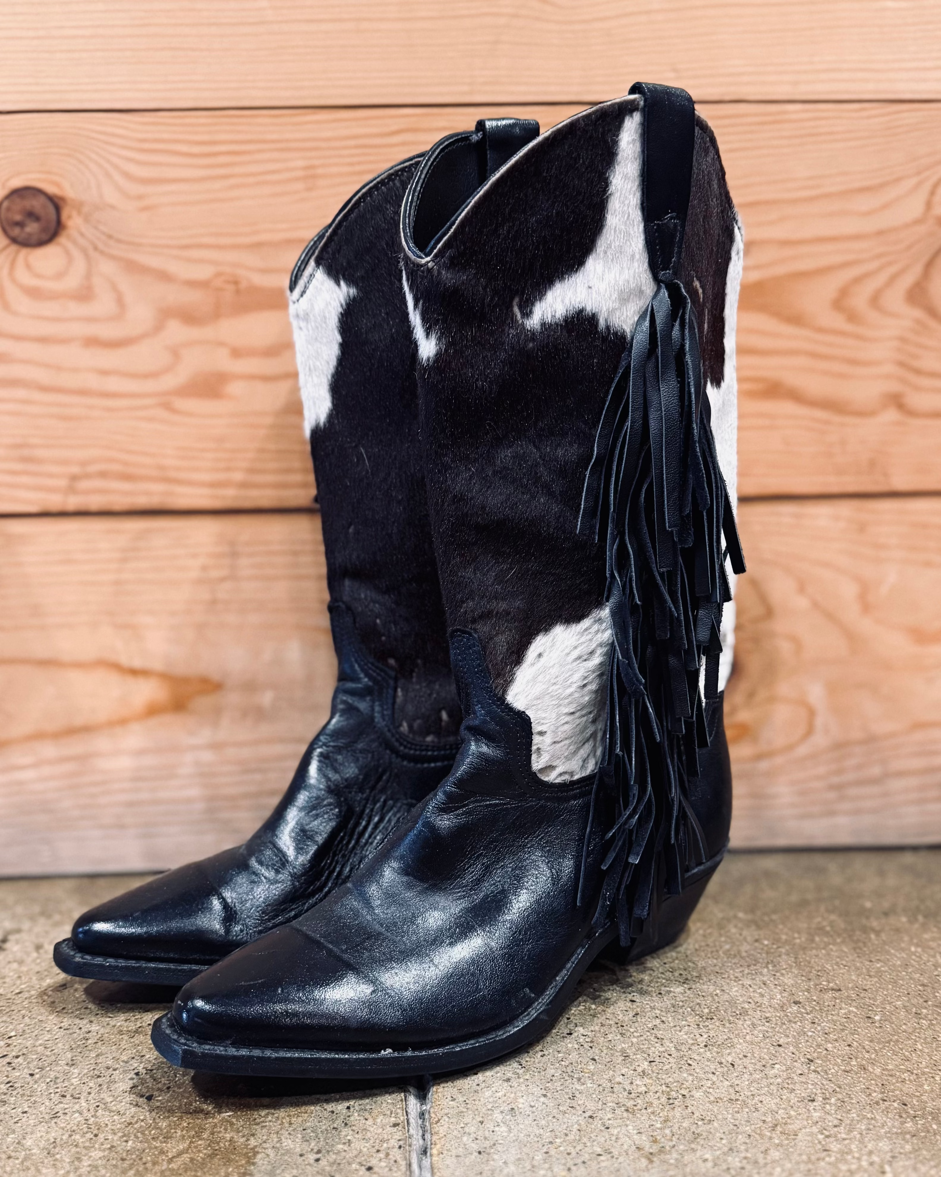Cowhide Fringe Cowboy Boot - Burnout