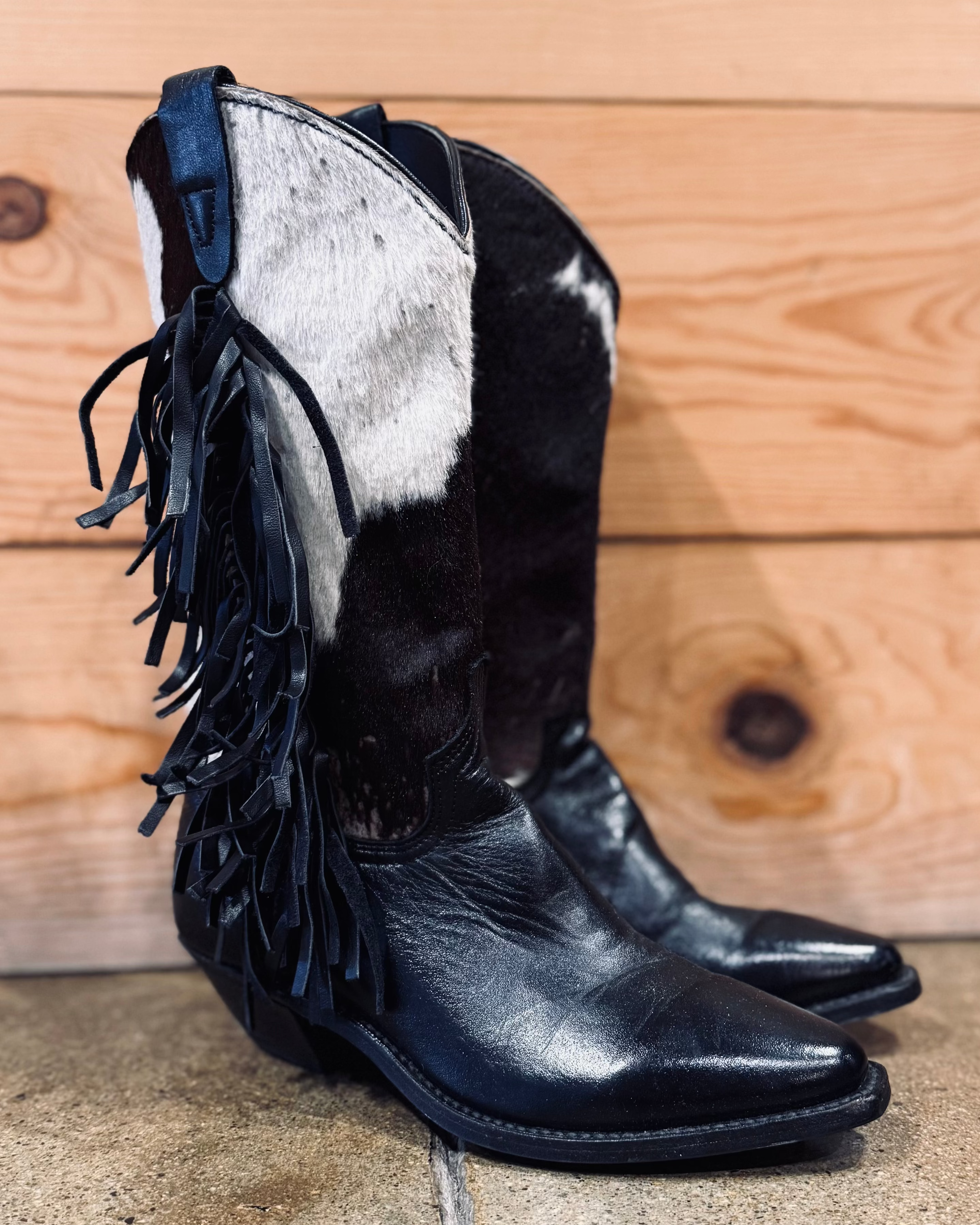 Cowhide Fringe Cowboy Boot - Burnout