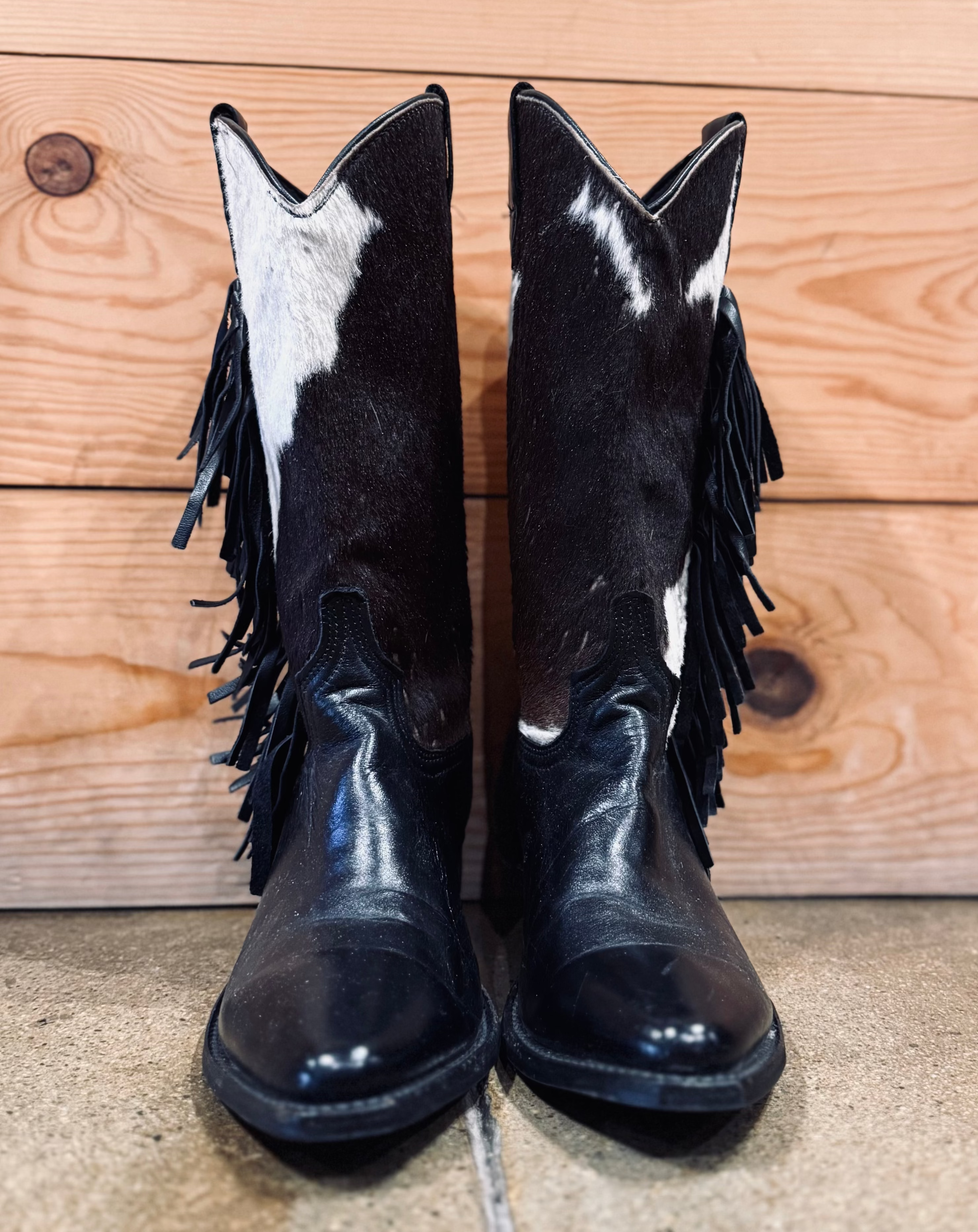 Cowhide Fringe Cowboy Boot - Burnout
