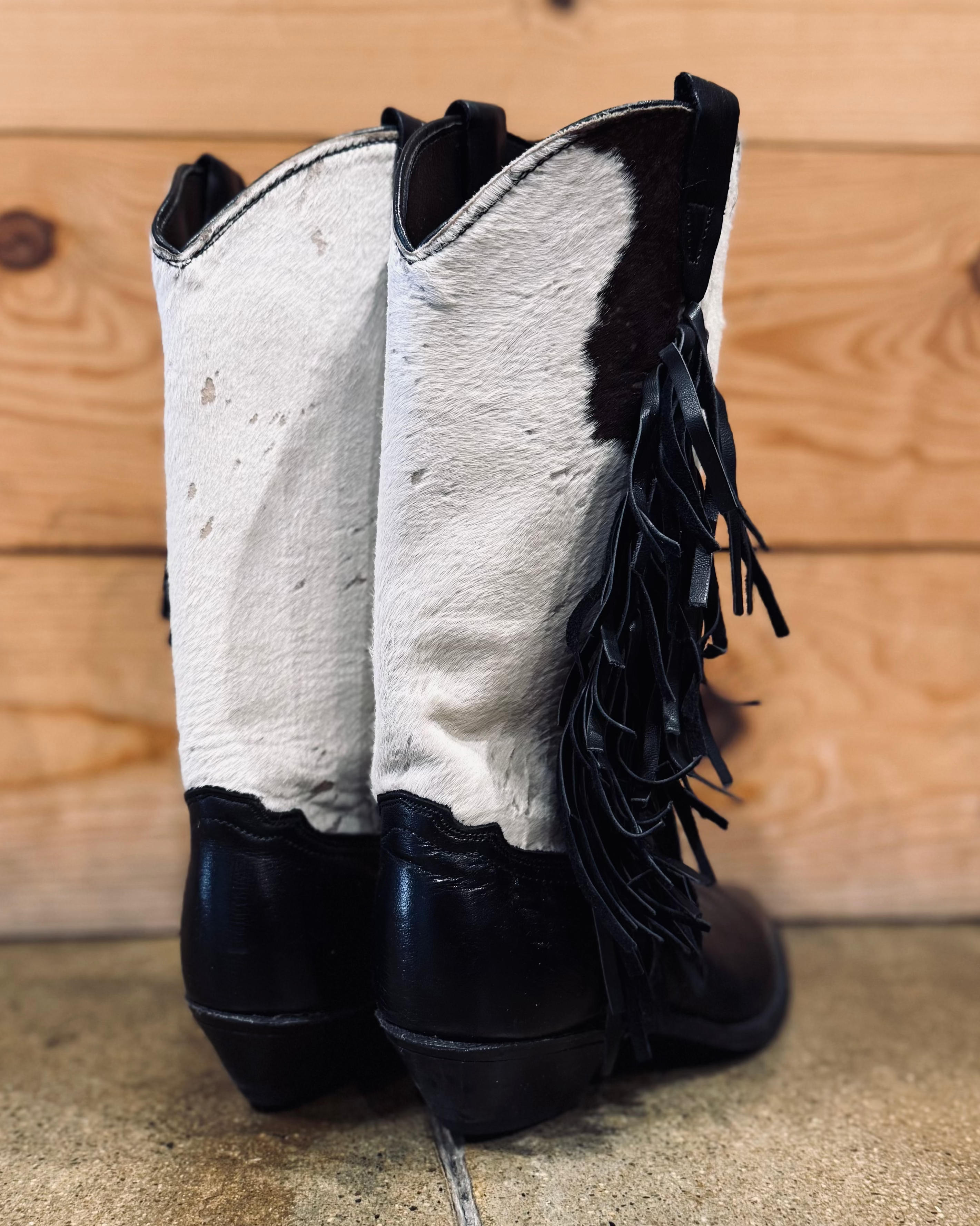 Cowhide Fringe Cowboy Boot - Burnout