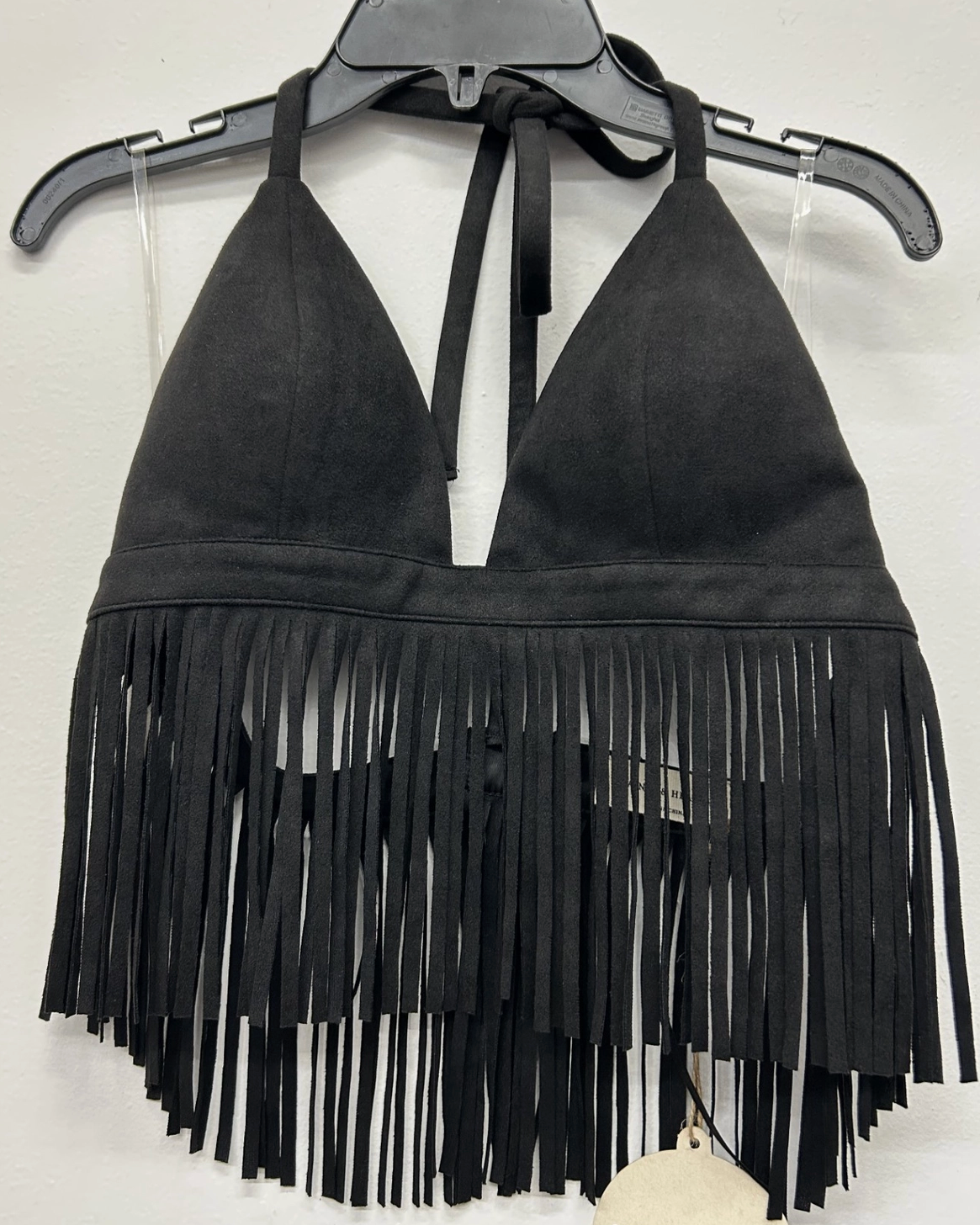 Suede Fringe Halter Top - Black - Burnout