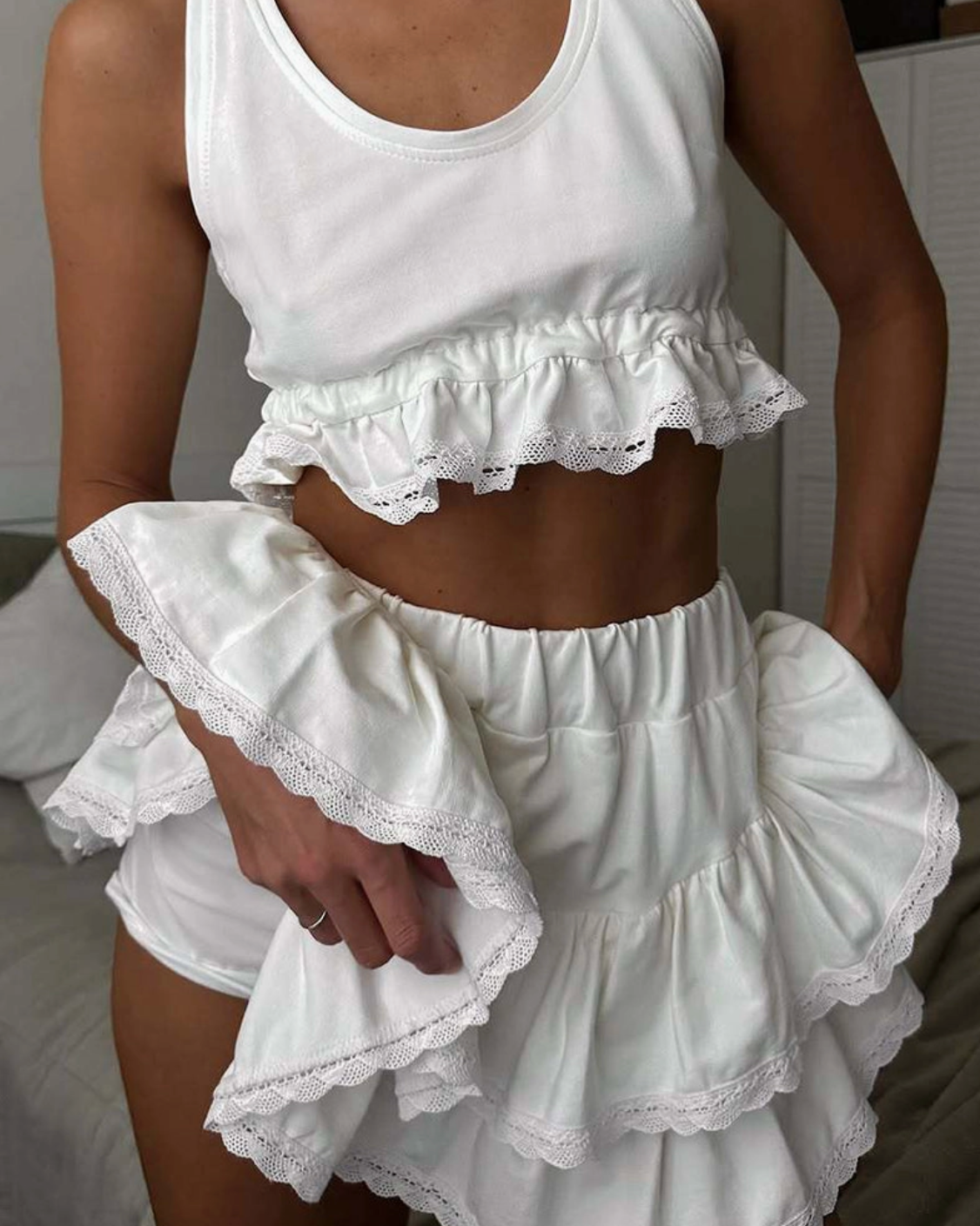 Ruffle Lace Trim Skirt Set - Burnout