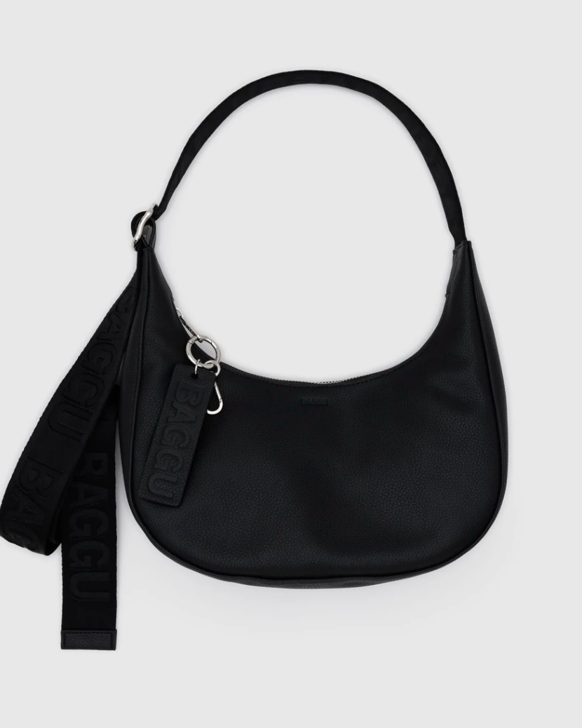 Small Recycled Leather Crescent Bag - Black - Burnout