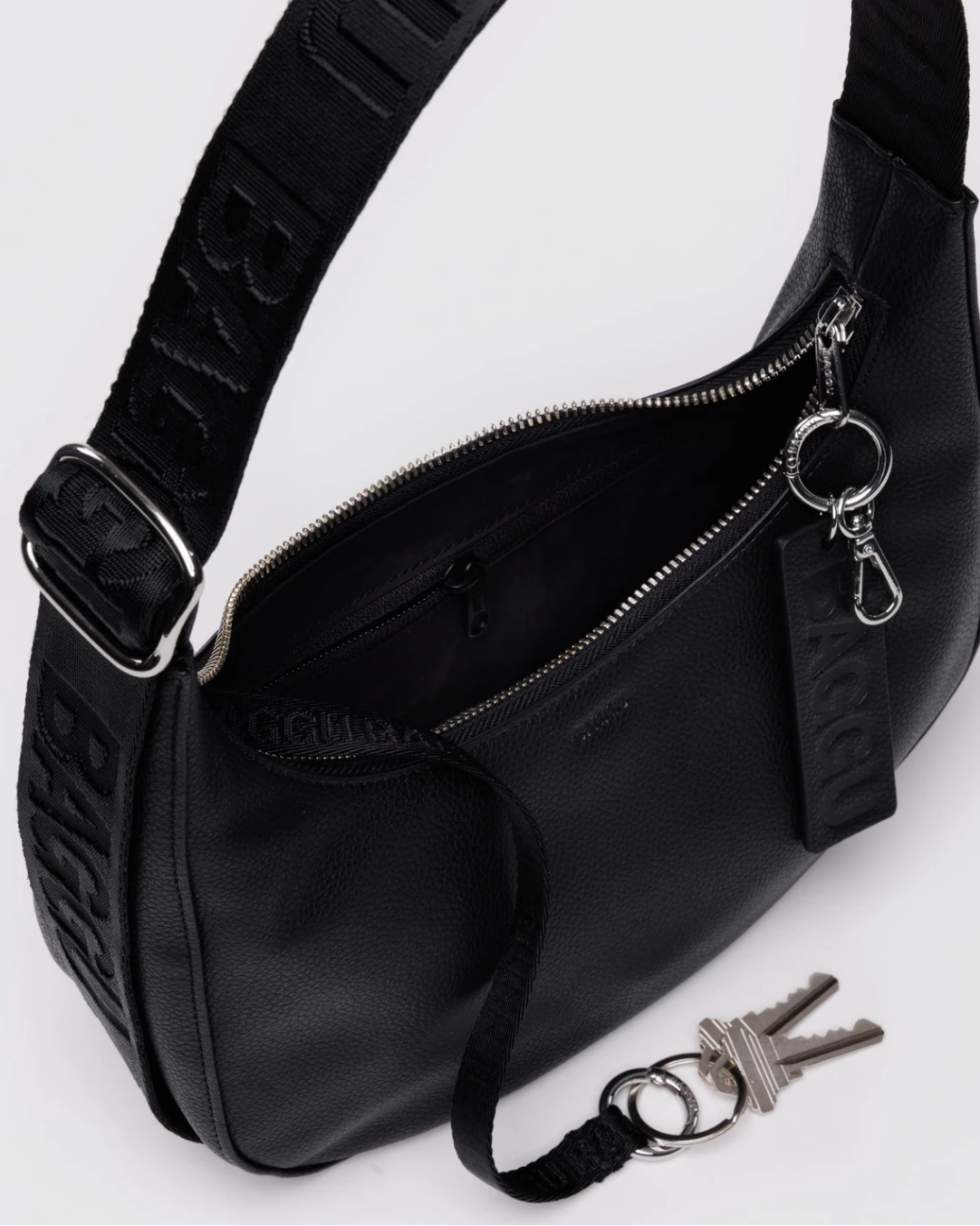 Small Recycled Leather Crescent Bag - Black - Burnout
