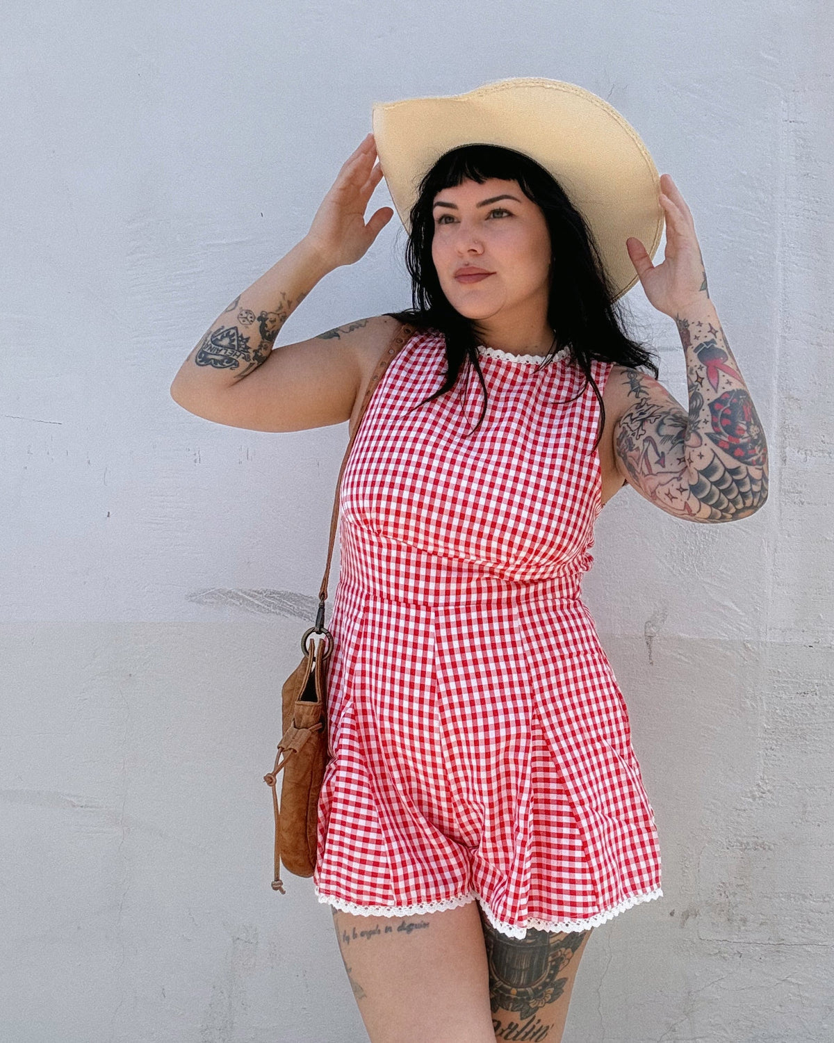 Lace Trim Gingham Romper - Burnout