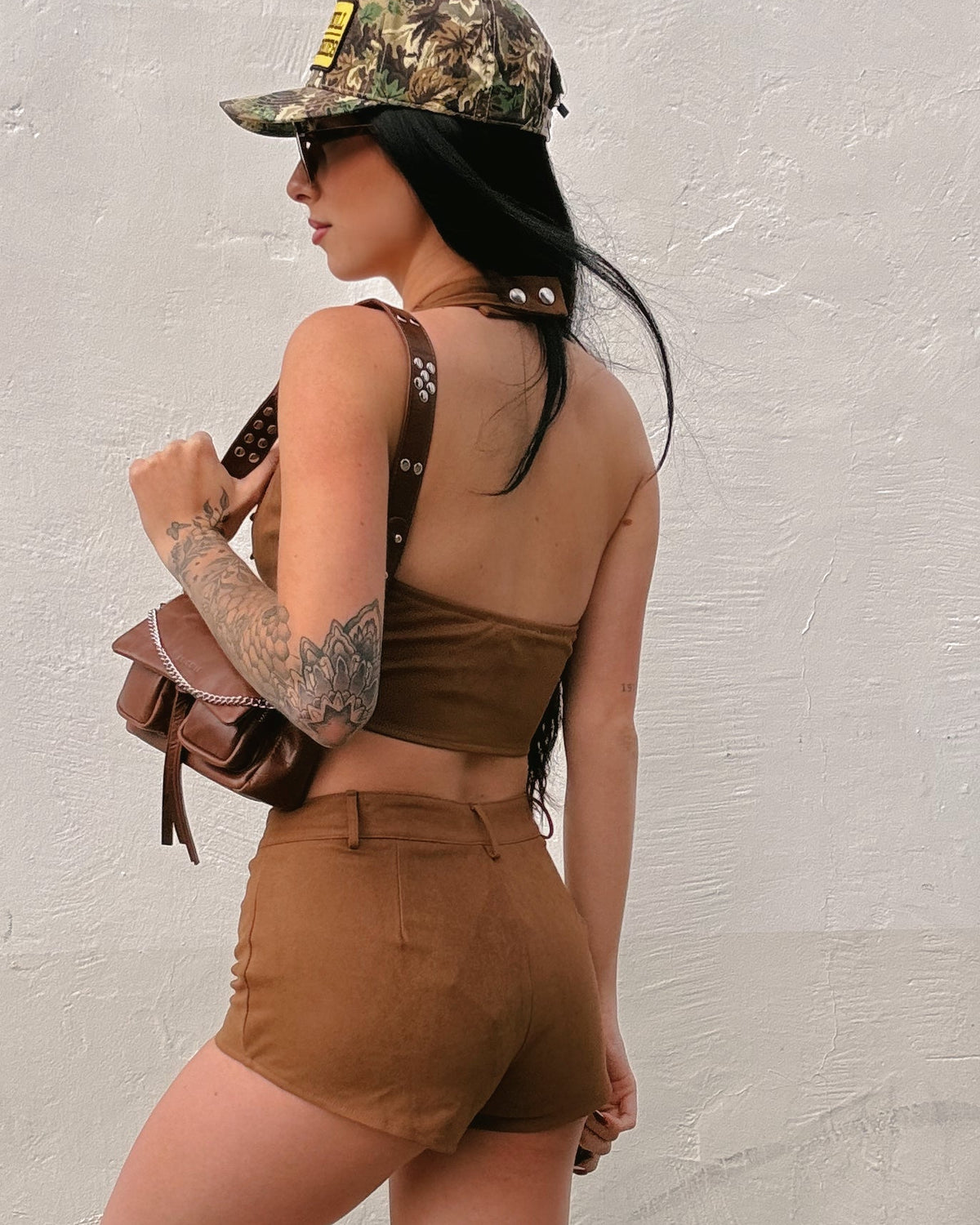 Lace Up Suede Shorts - Brown - Burnout