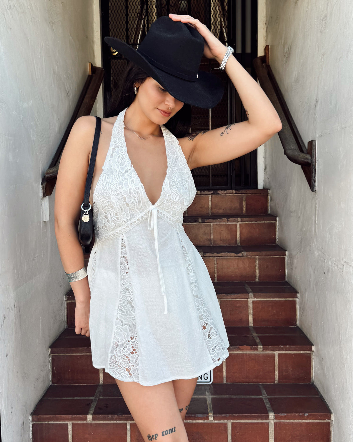 Lace Trim Halter Mini Dress - Burnout