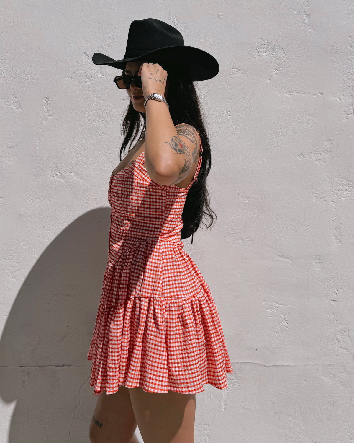 Gingham Romper Dress - Red - Burnout