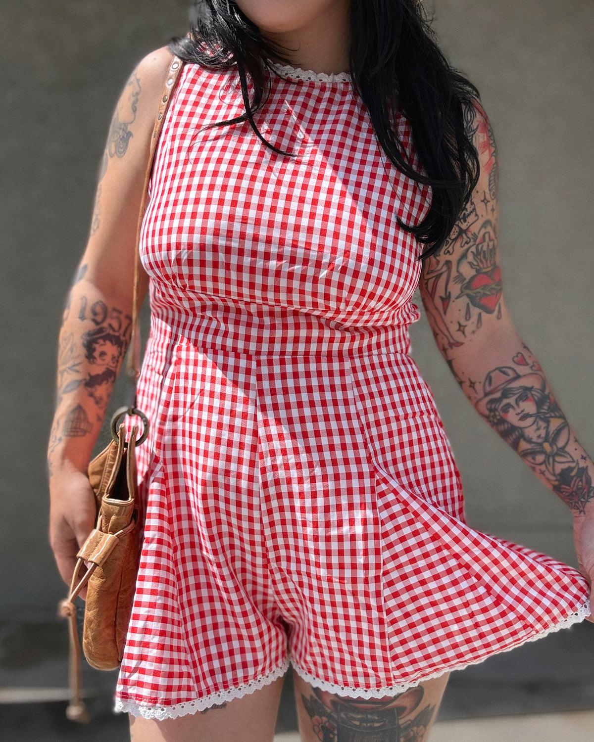 Lace Trim Gingham Romper - Burnout