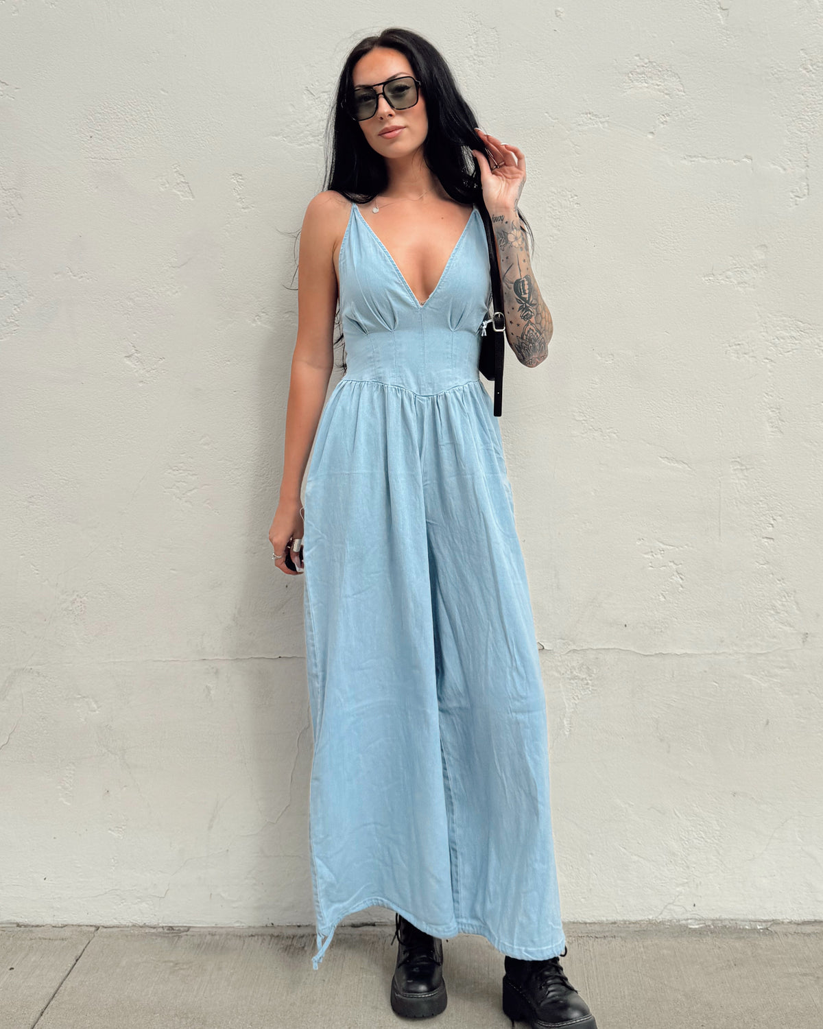 Denim Corset Top Jumpsuit - Burnout