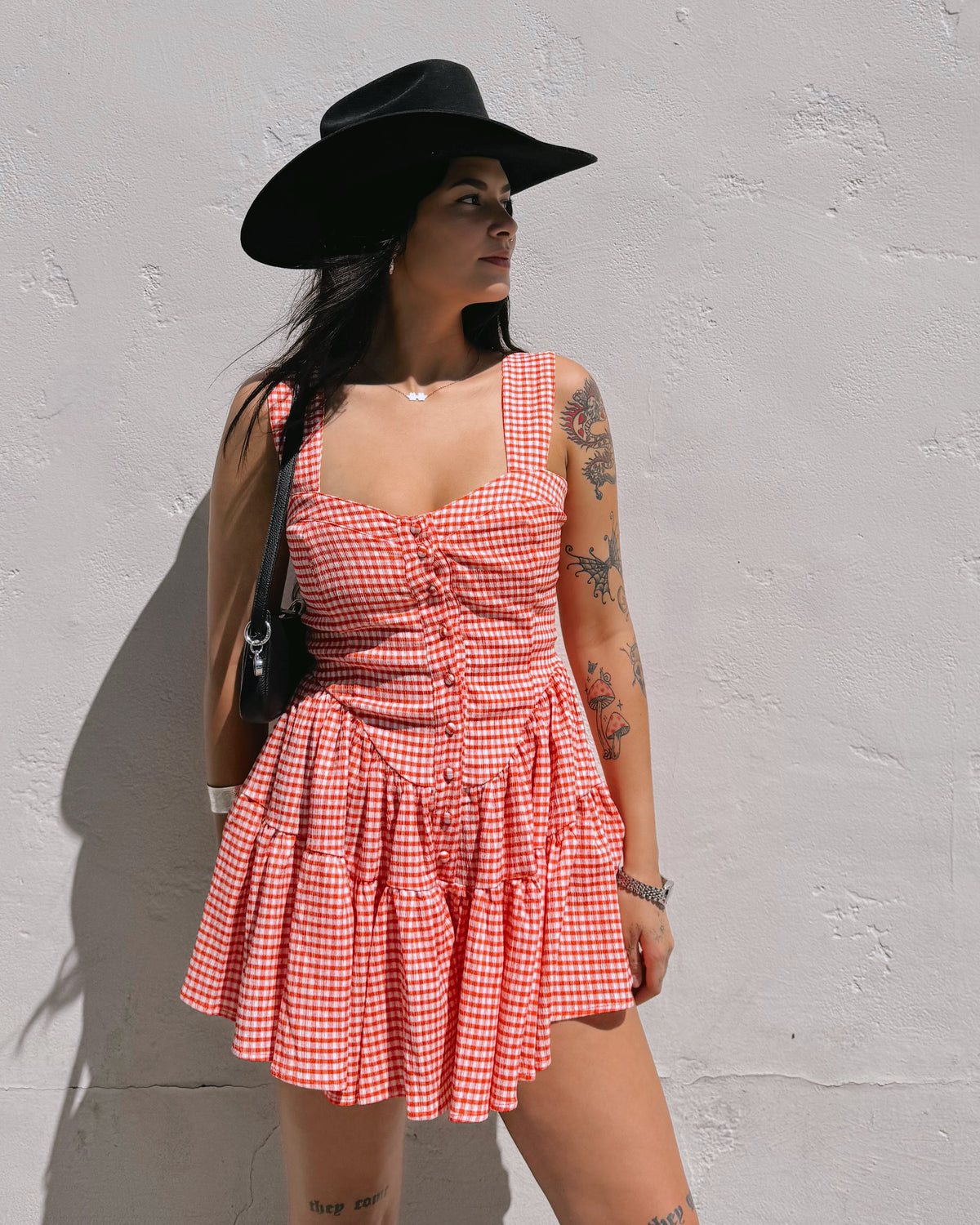 Gingham Romper Dress - Red - Burnout