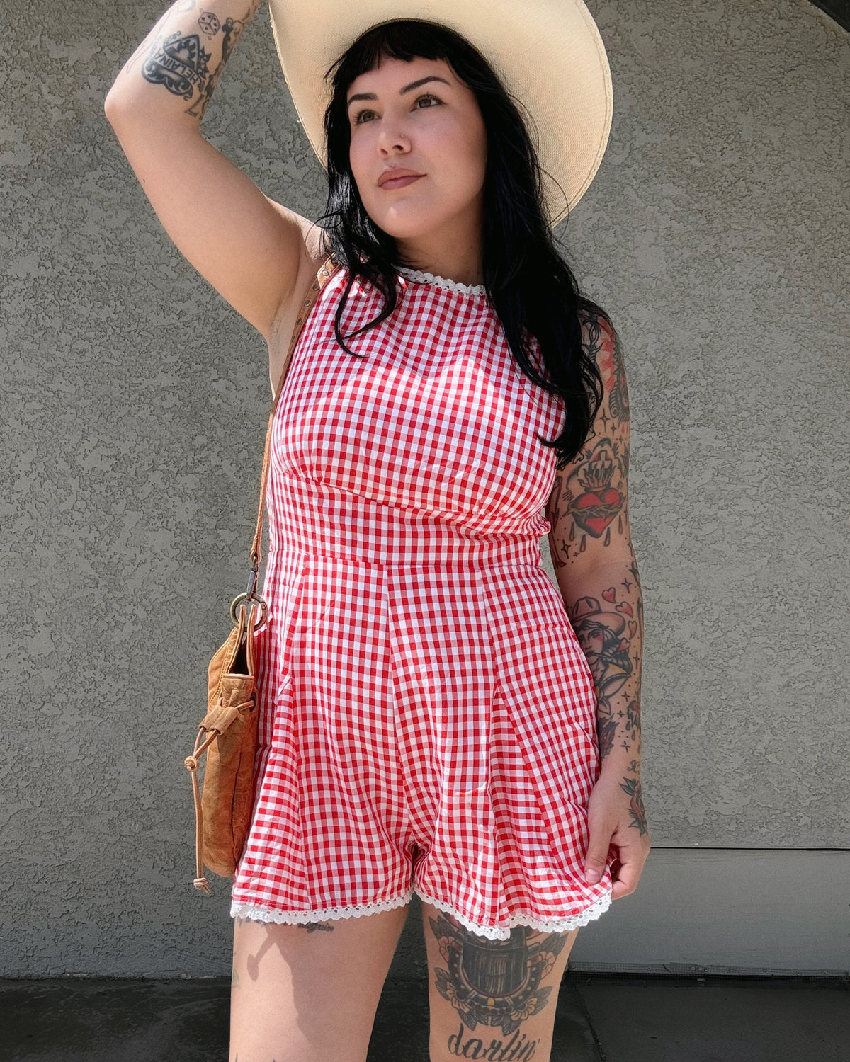 Lace Trim Gingham Romper - Burnout