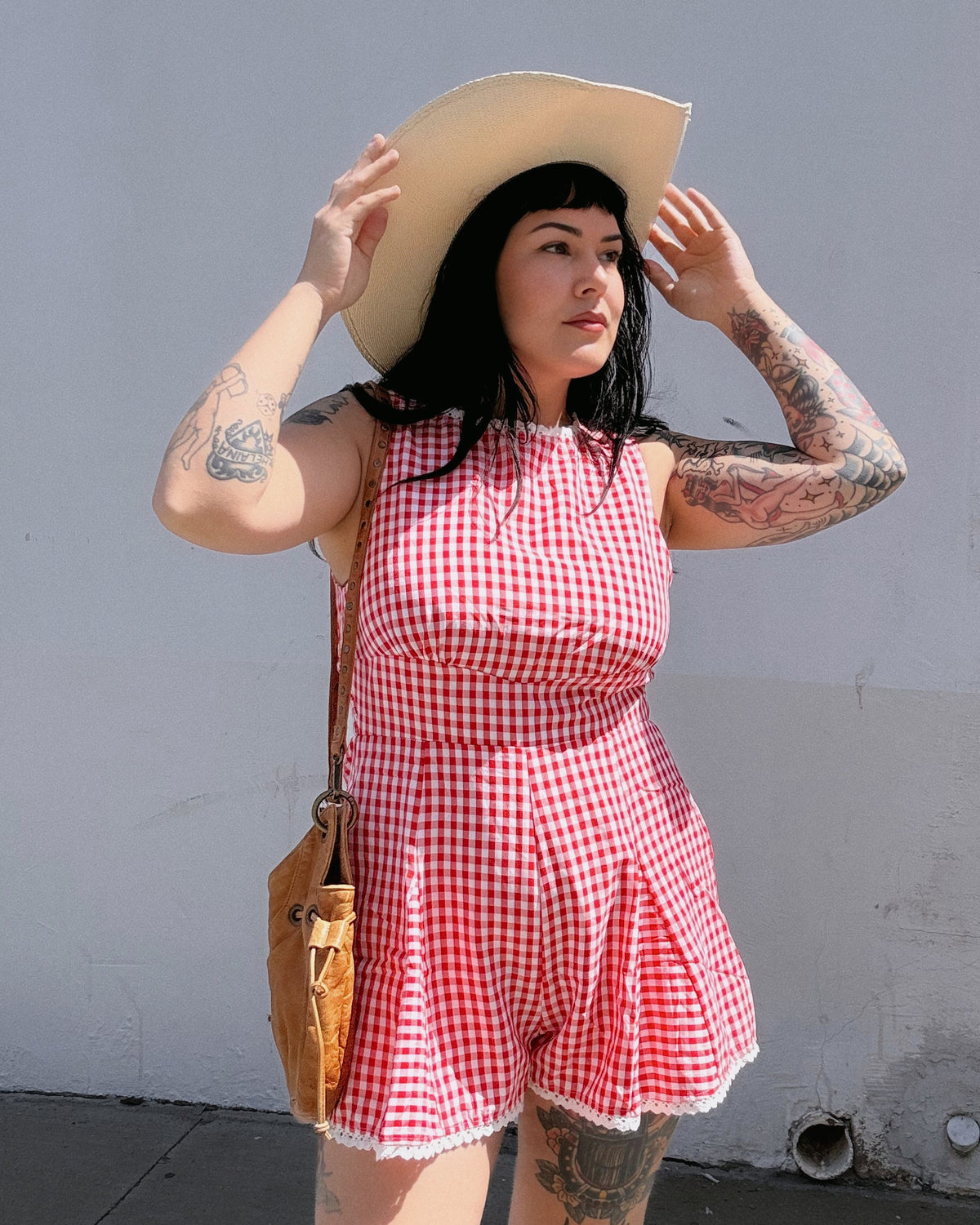 Lace Trim Gingham Romper - Burnout