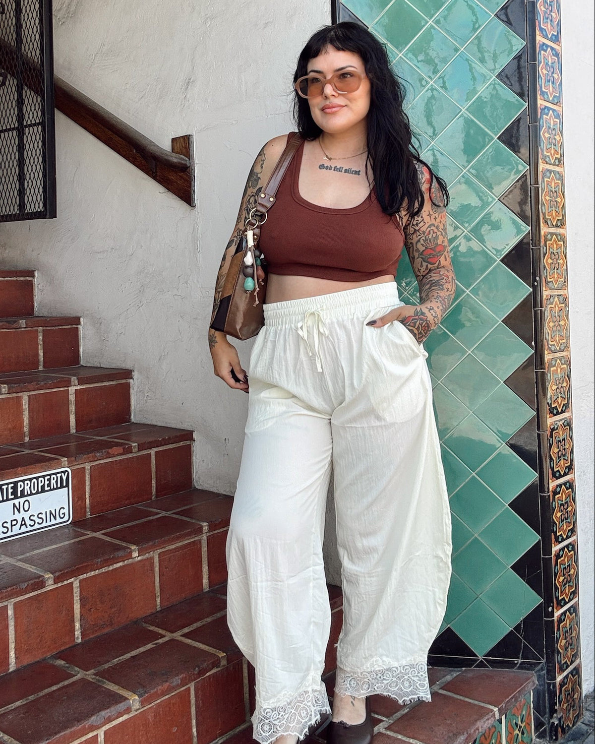 Lace Trim Barrel Pants - Cream - Burnout