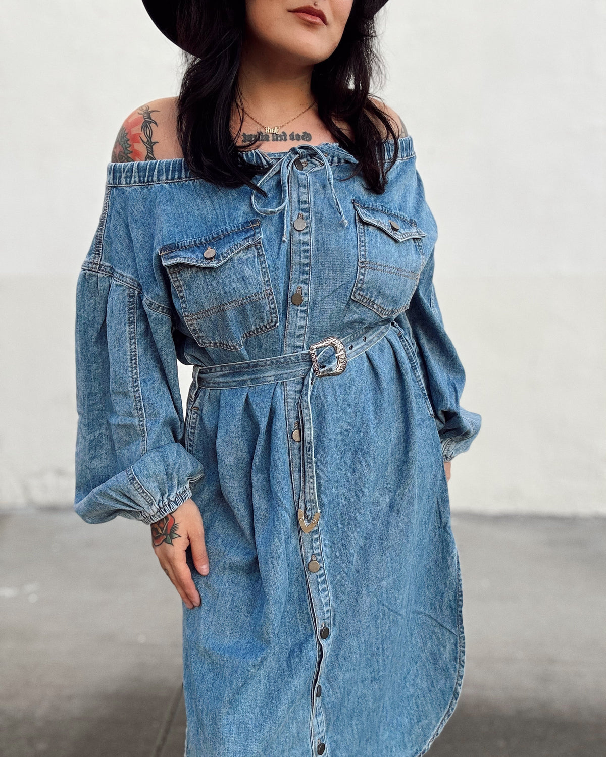 Off The Shoulder Denim Midi Dress - Burnout