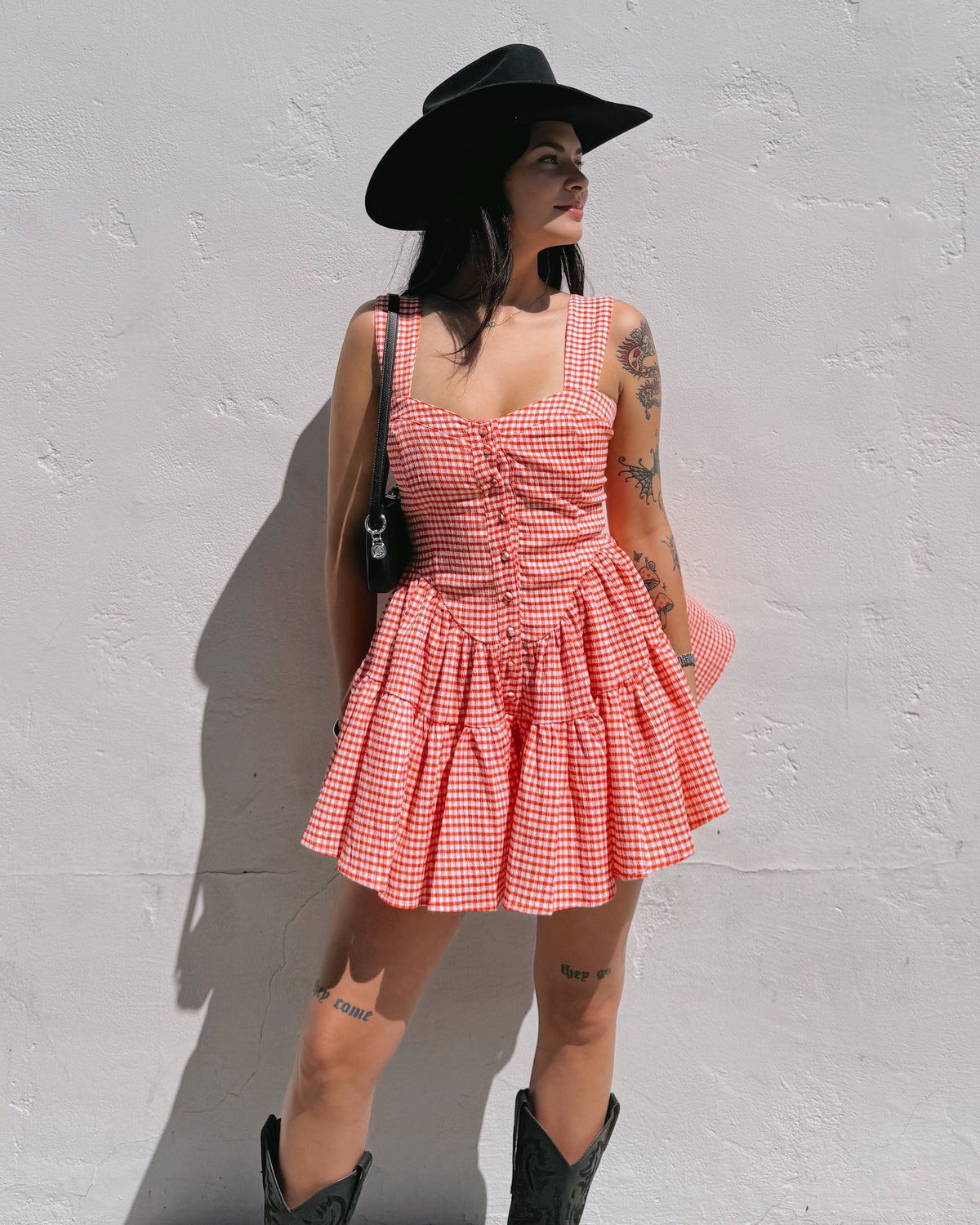 Gingham Romper Dress - Red - Burnout