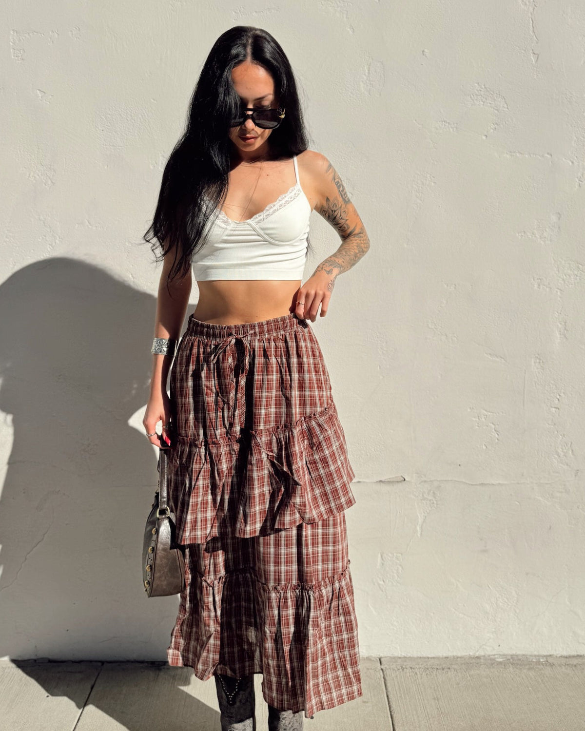 Plaid Tiered Ruffle Maxi Skirt - Burnout