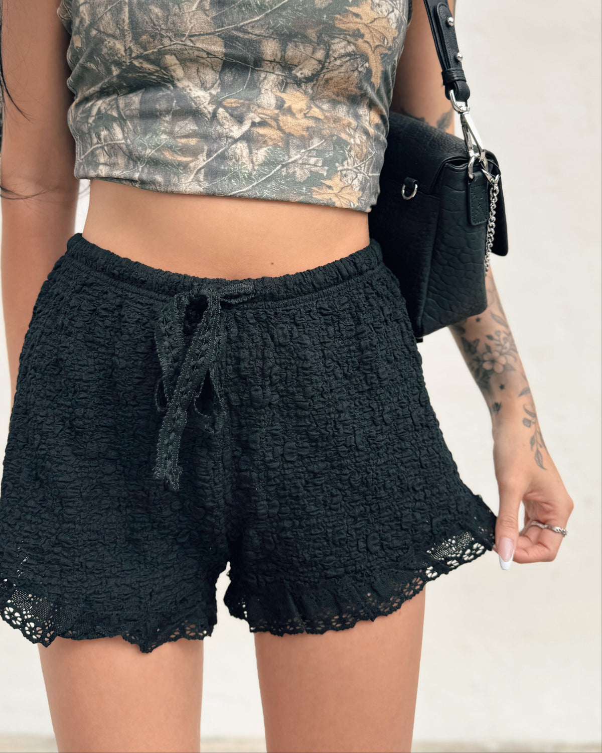 Lace Trim Shorts - Black - Burnout