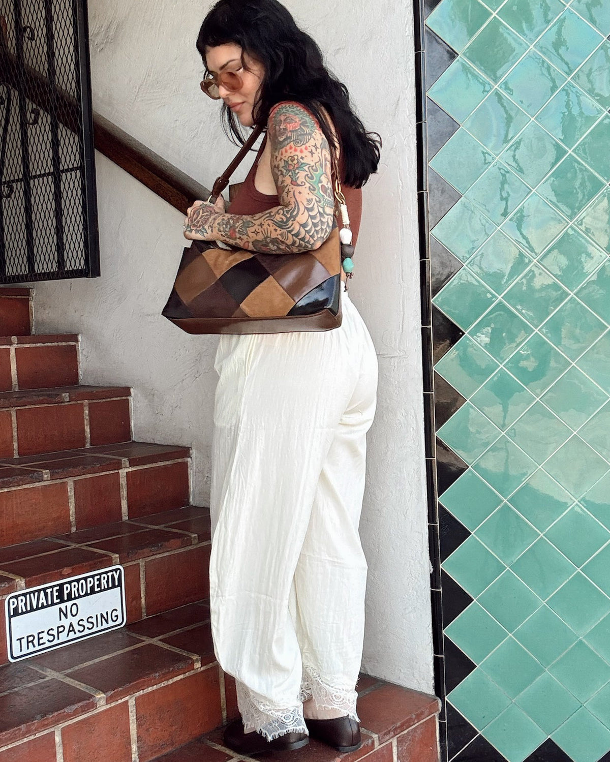 Lace Trim Barrel Pants - Cream - Burnout