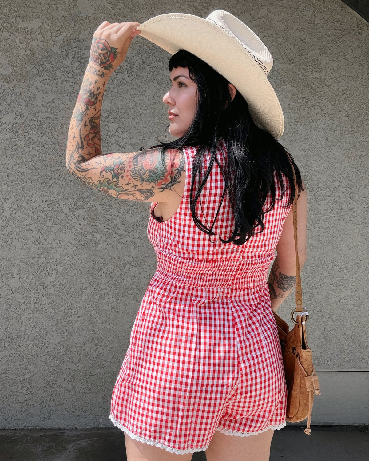 Lace Trim Gingham Romper - Burnout