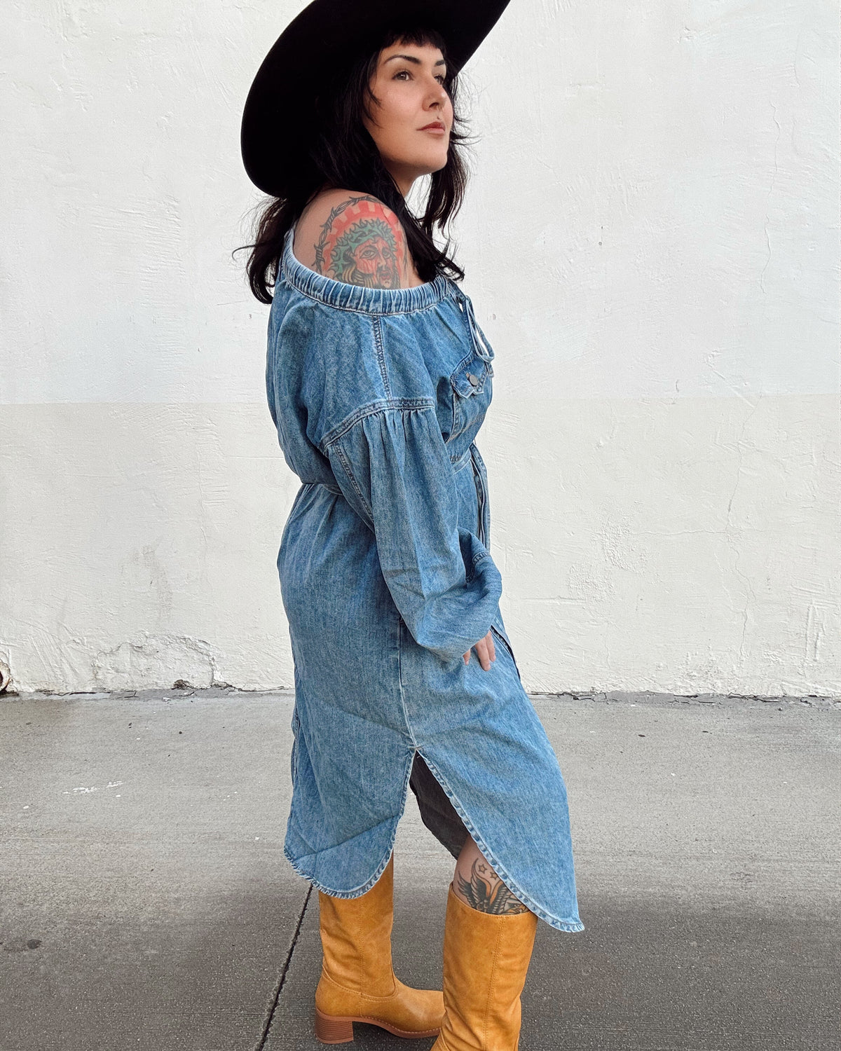 Off The Shoulder Denim Midi Dress - Burnout