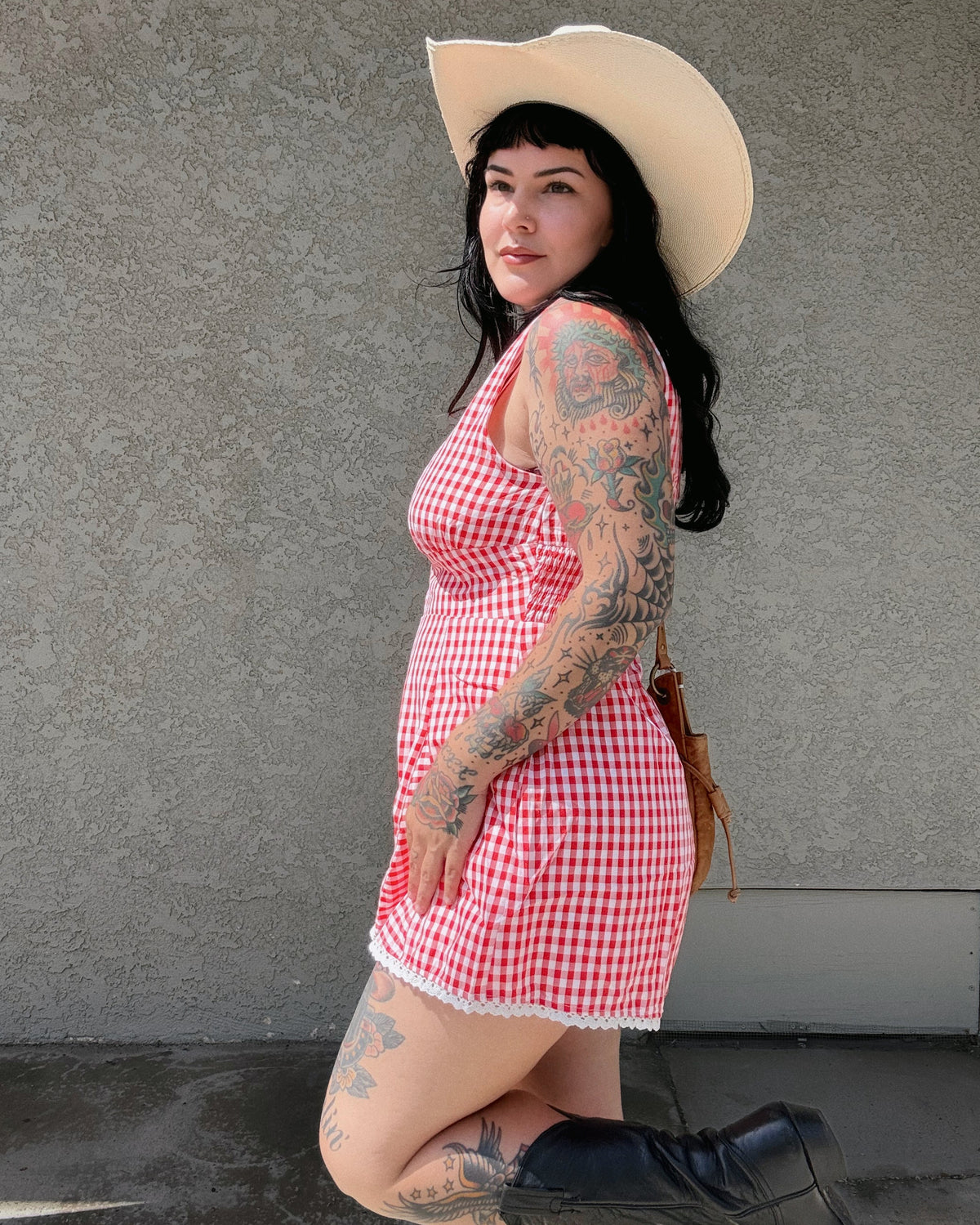 Lace Trim Gingham Romper - Burnout