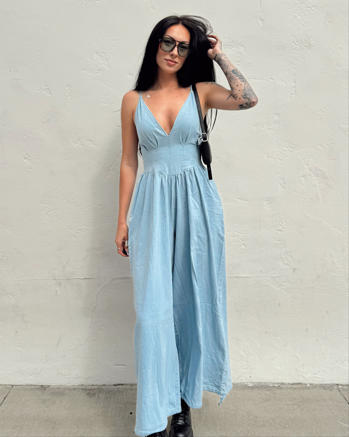 Denim Corset Top Jumpsuit - Burnout