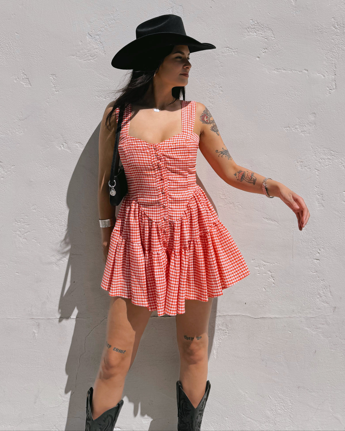 Gingham Romper Dress - Red - Burnout