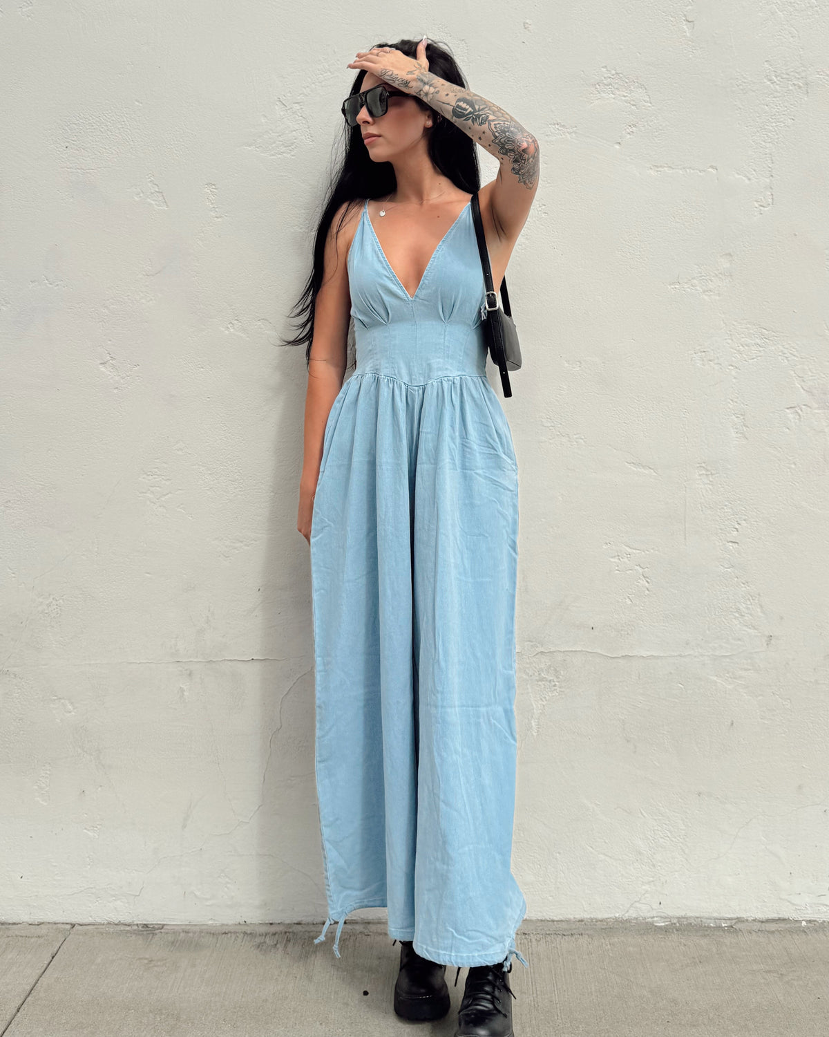 Denim Corset Top Jumpsuit - Burnout