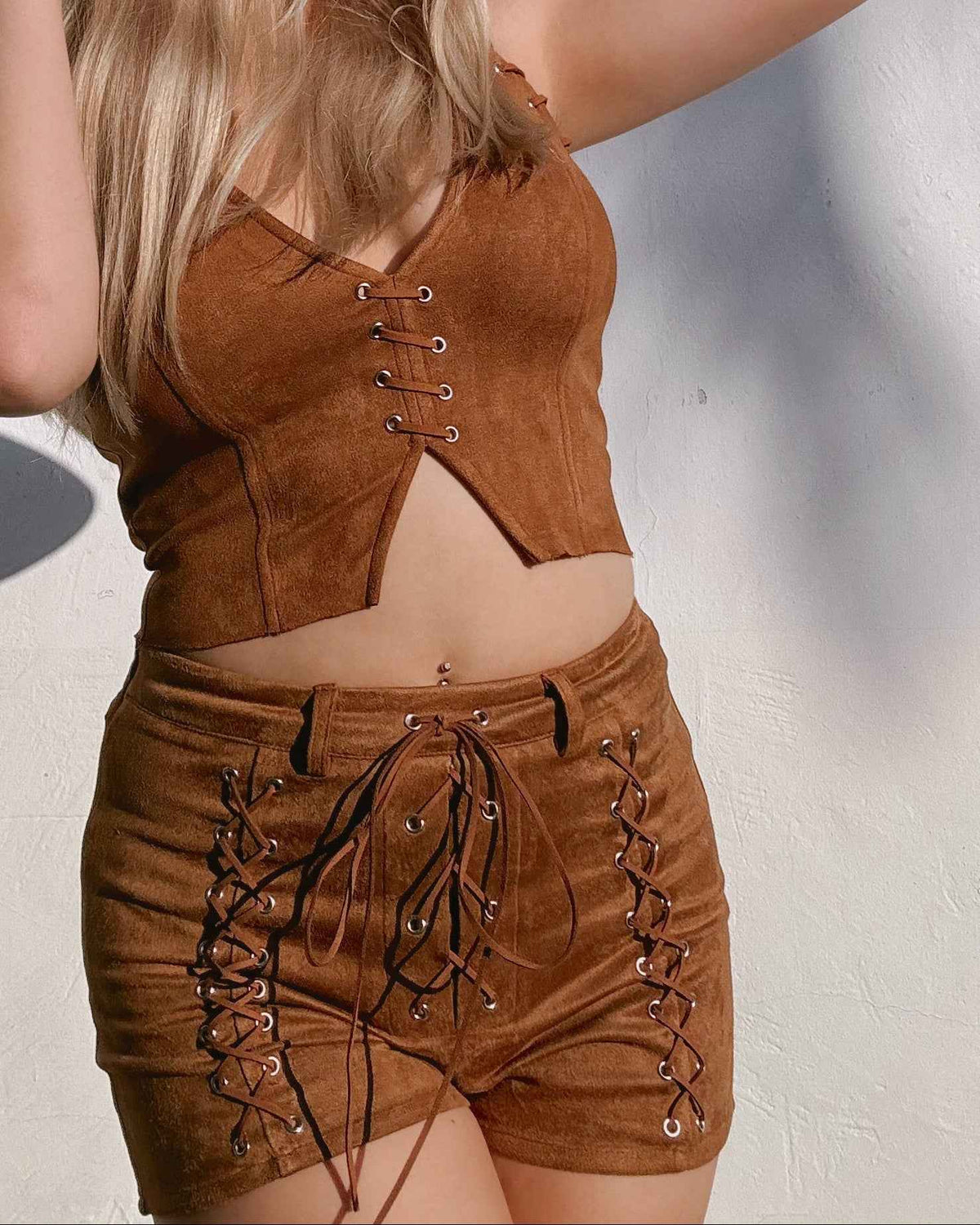 Suede Lace Up Shorts - Tan