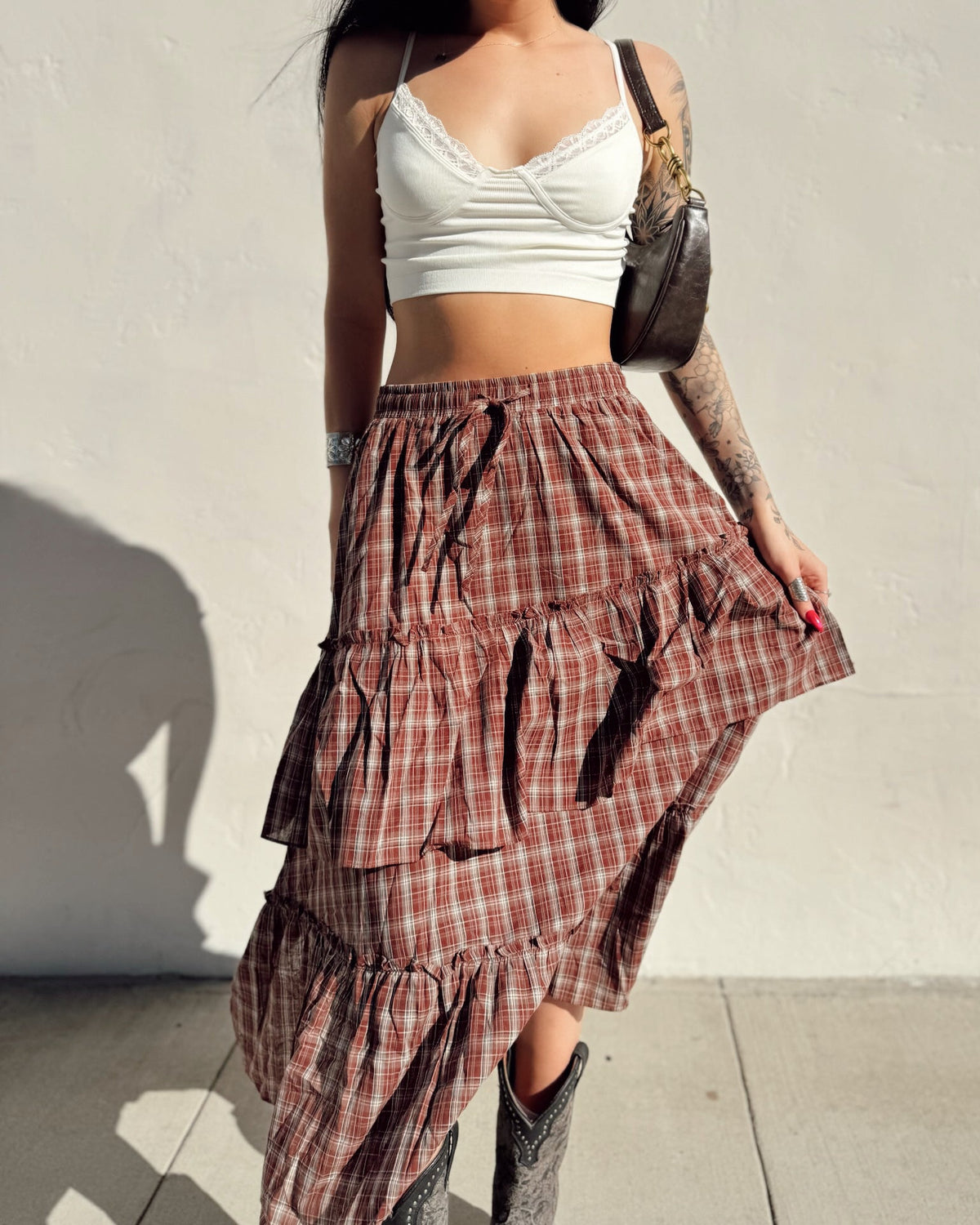 Plaid Tiered Ruffle Maxi Skirt - Burnout