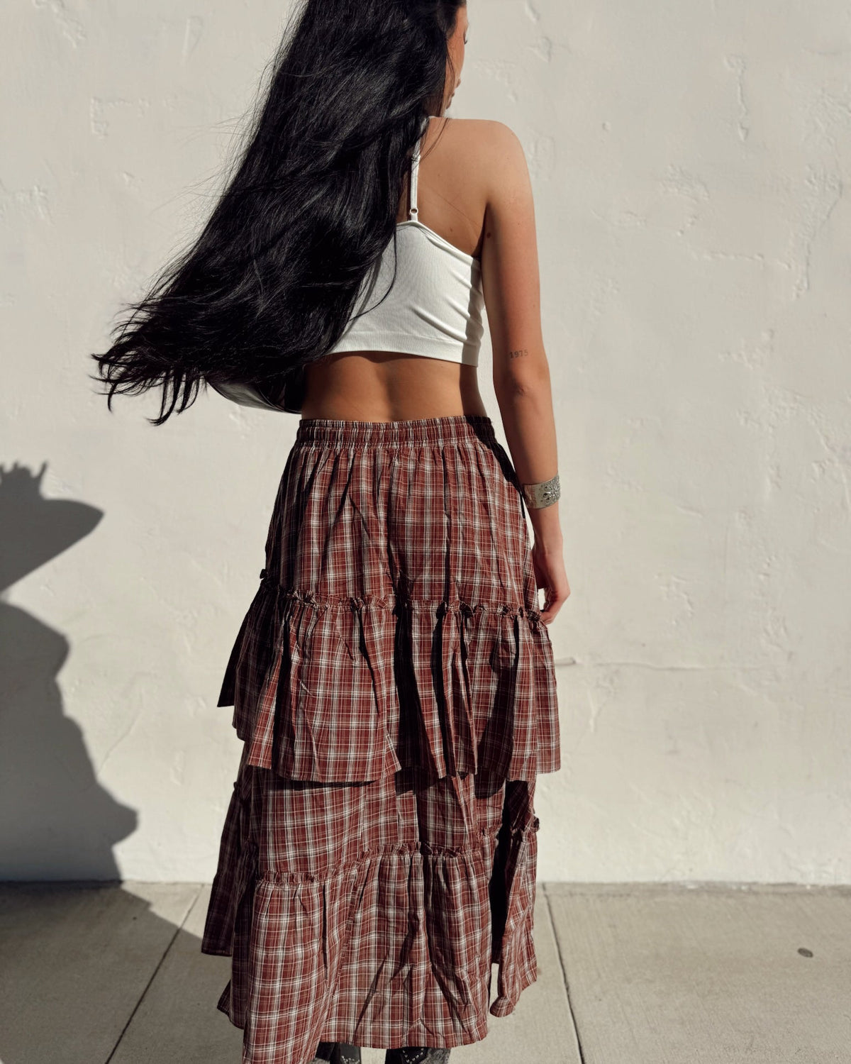 Plaid Tiered Ruffle Maxi Skirt - Burnout