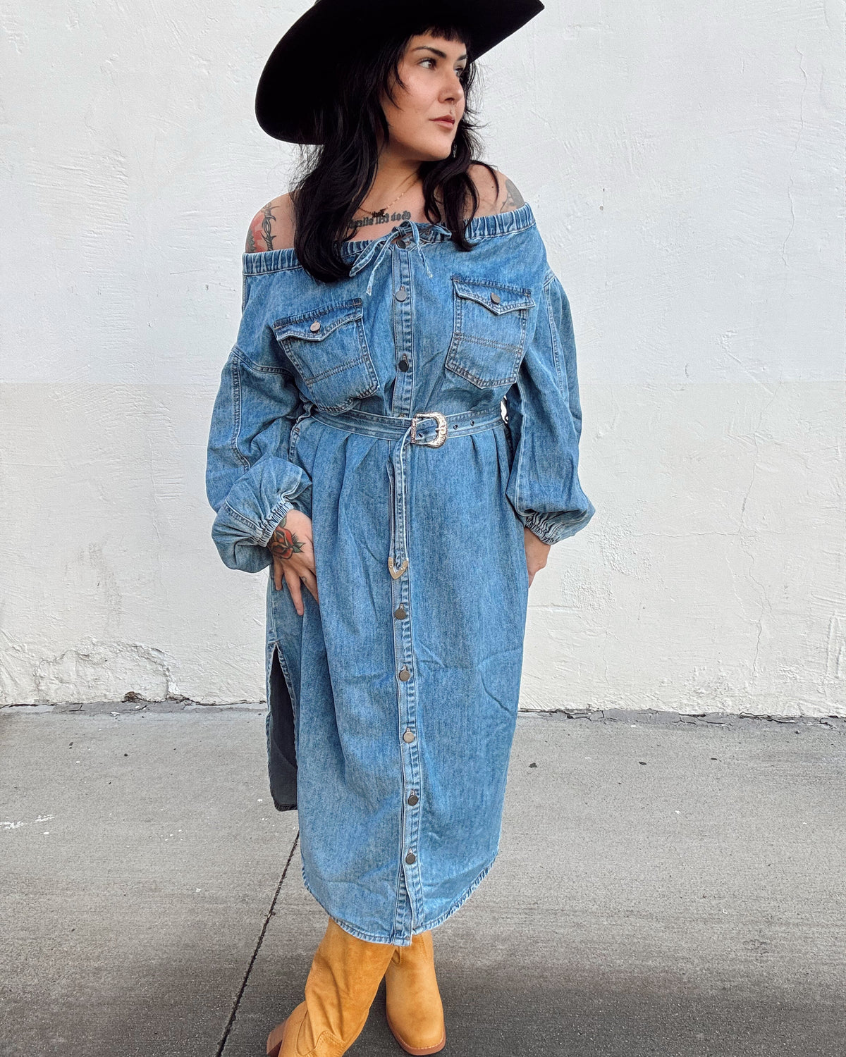 Off The Shoulder Denim Midi Dress - Burnout